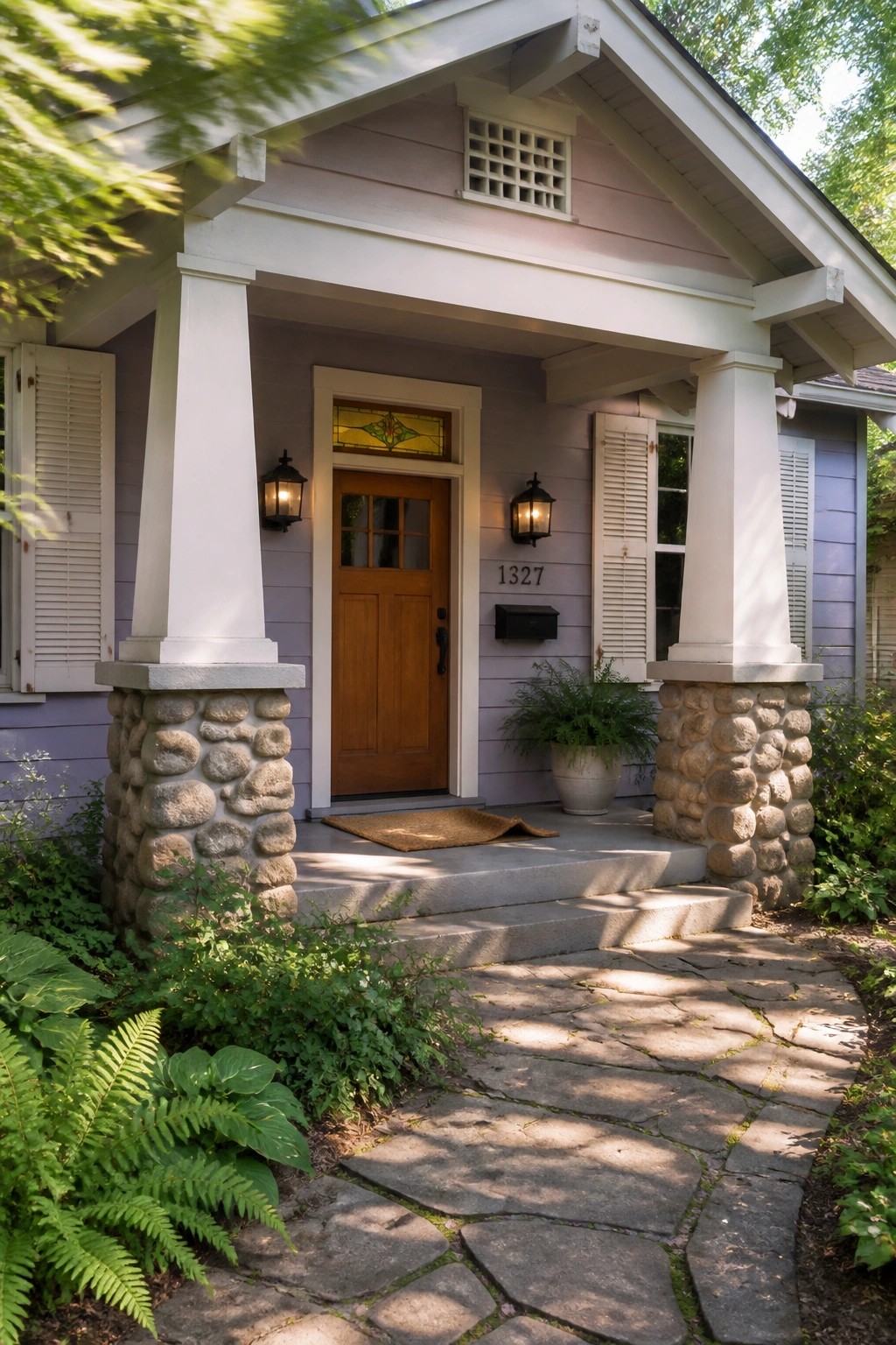 A front view of a house with soft pastel purple siding, white columns on stone bases, white shutters, and a wooden door under a small porch.