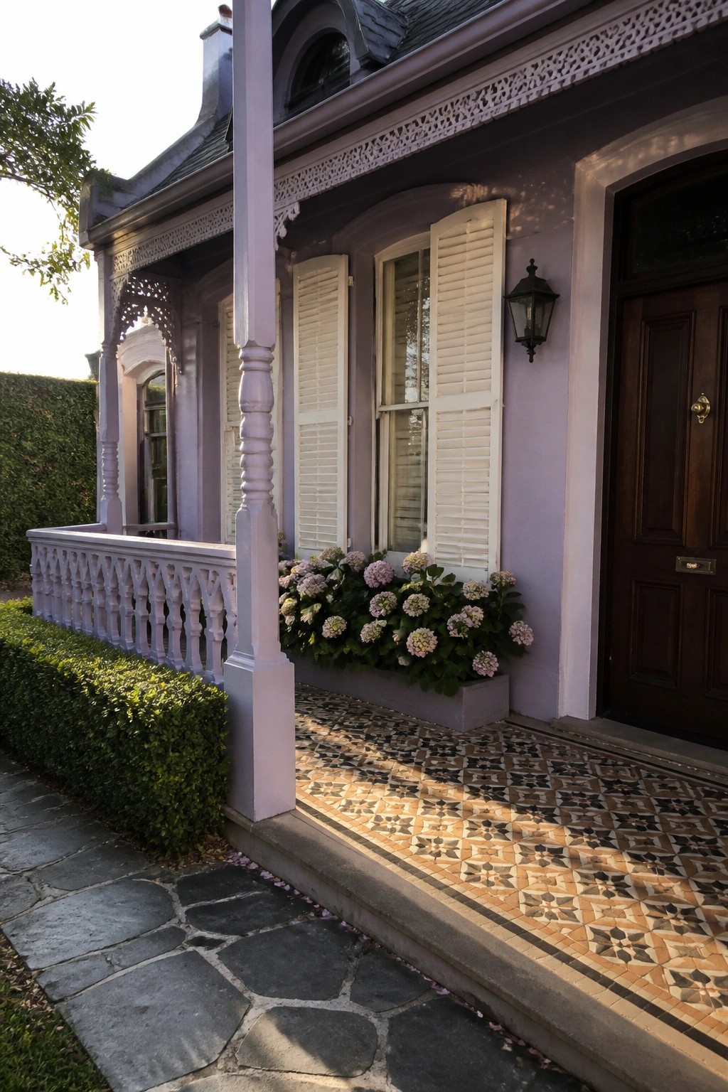 Purple house porch with white shutters, hydrangea box, ornate railing, and patterned tiles.