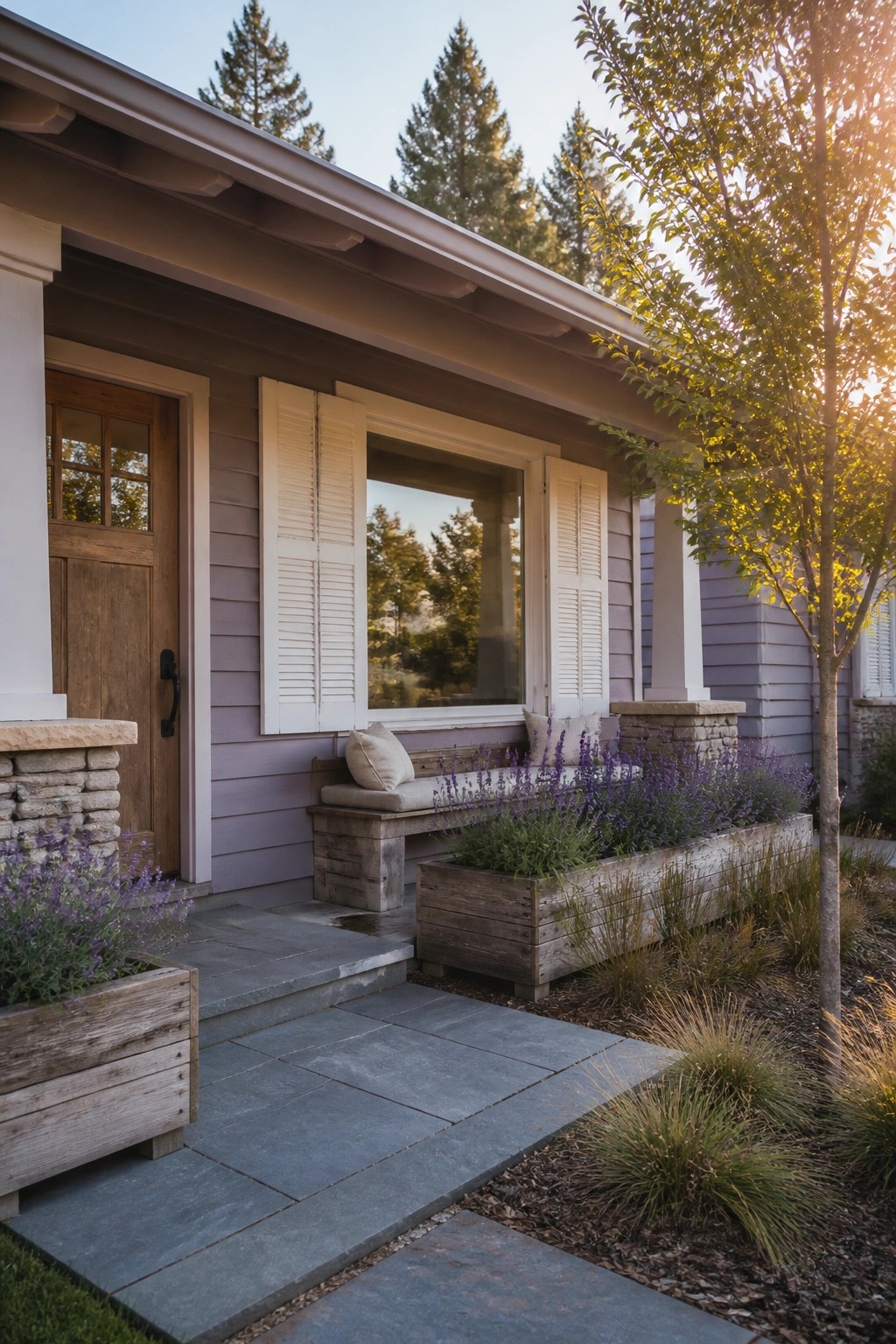 A house exterior with soft pastel purple siding, white shutters, a wooden front door, and wooden planters filled with lavender along a stone walkway.