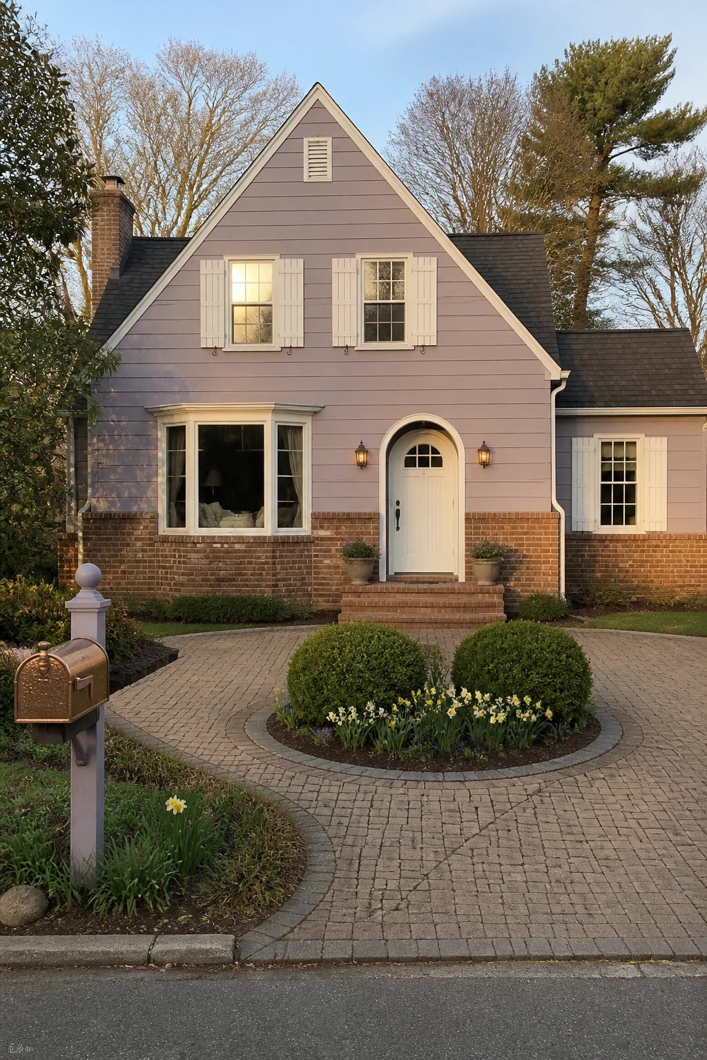 Lavender house with white trim, arched door, brick base, and circular driveway