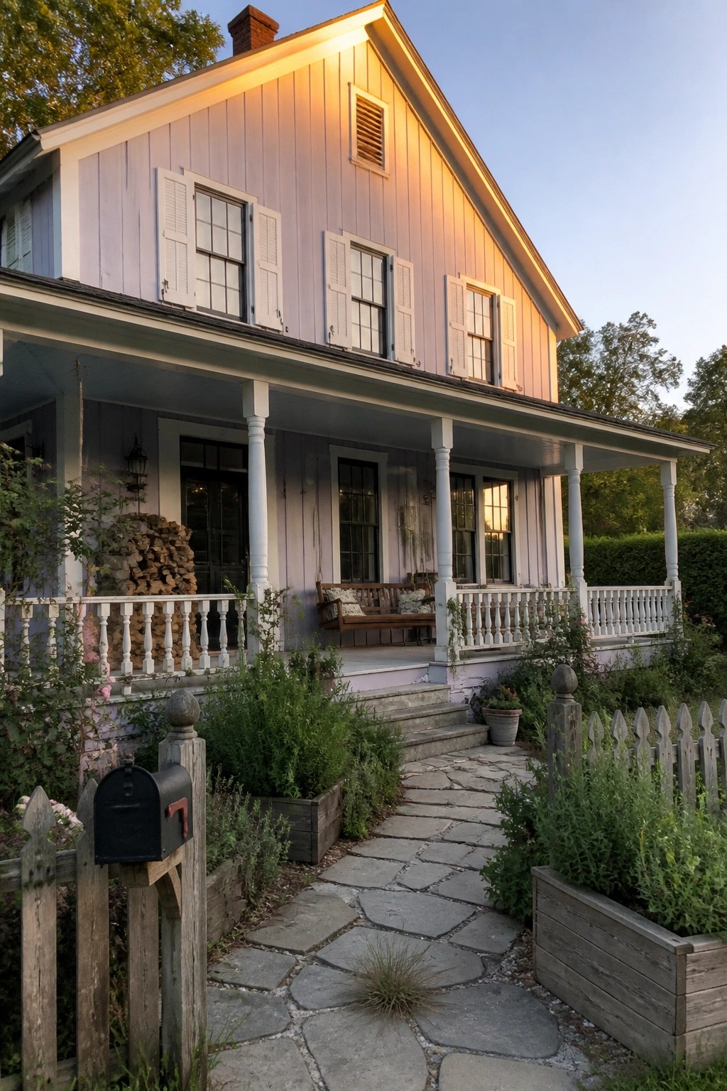A two-story house with soft pastel purple siding, white shutters, white porch columns, and a stone path leading to the front steps.