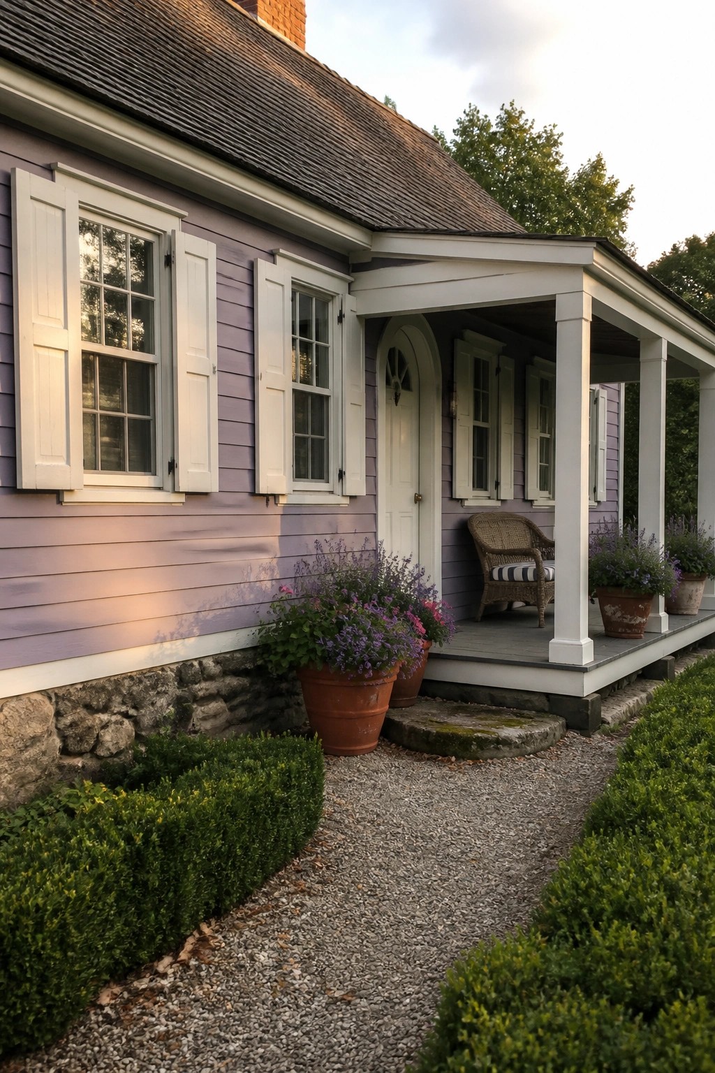 Purple house with white porch, wicker chair, potted flowers along gravel path
