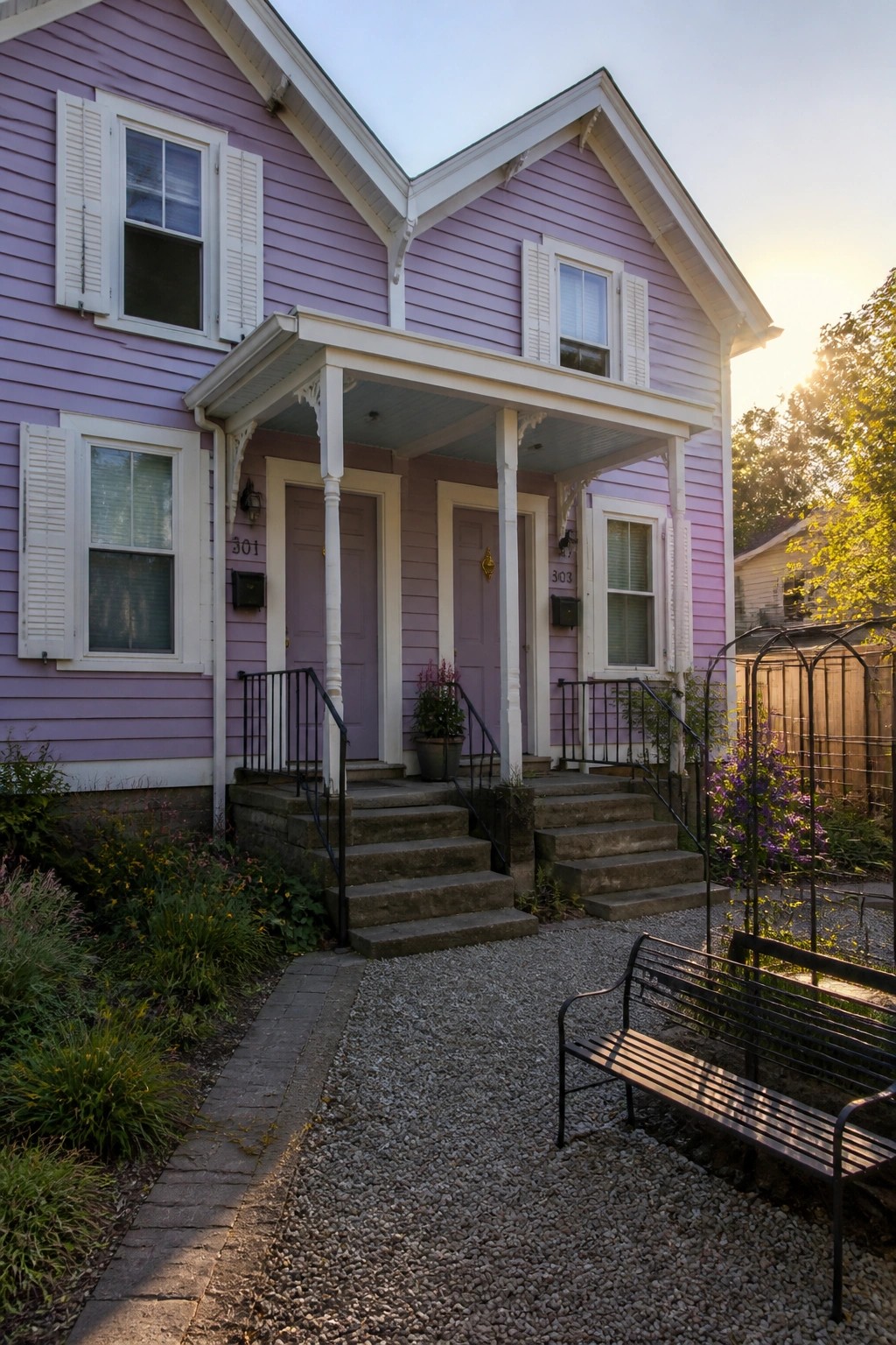 A two-story house with soft purple siding, white shutters, white trim, and a covered front porch with two doors.