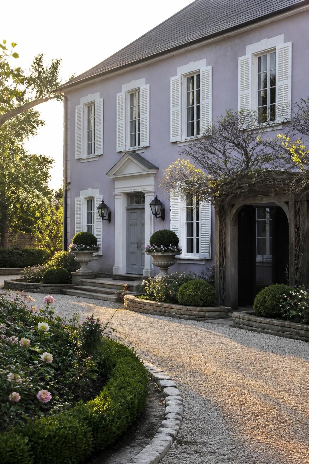 A two-story house painted in soft pastel purple with white shutters and trim, set against a gravel driveway and garden beds.
