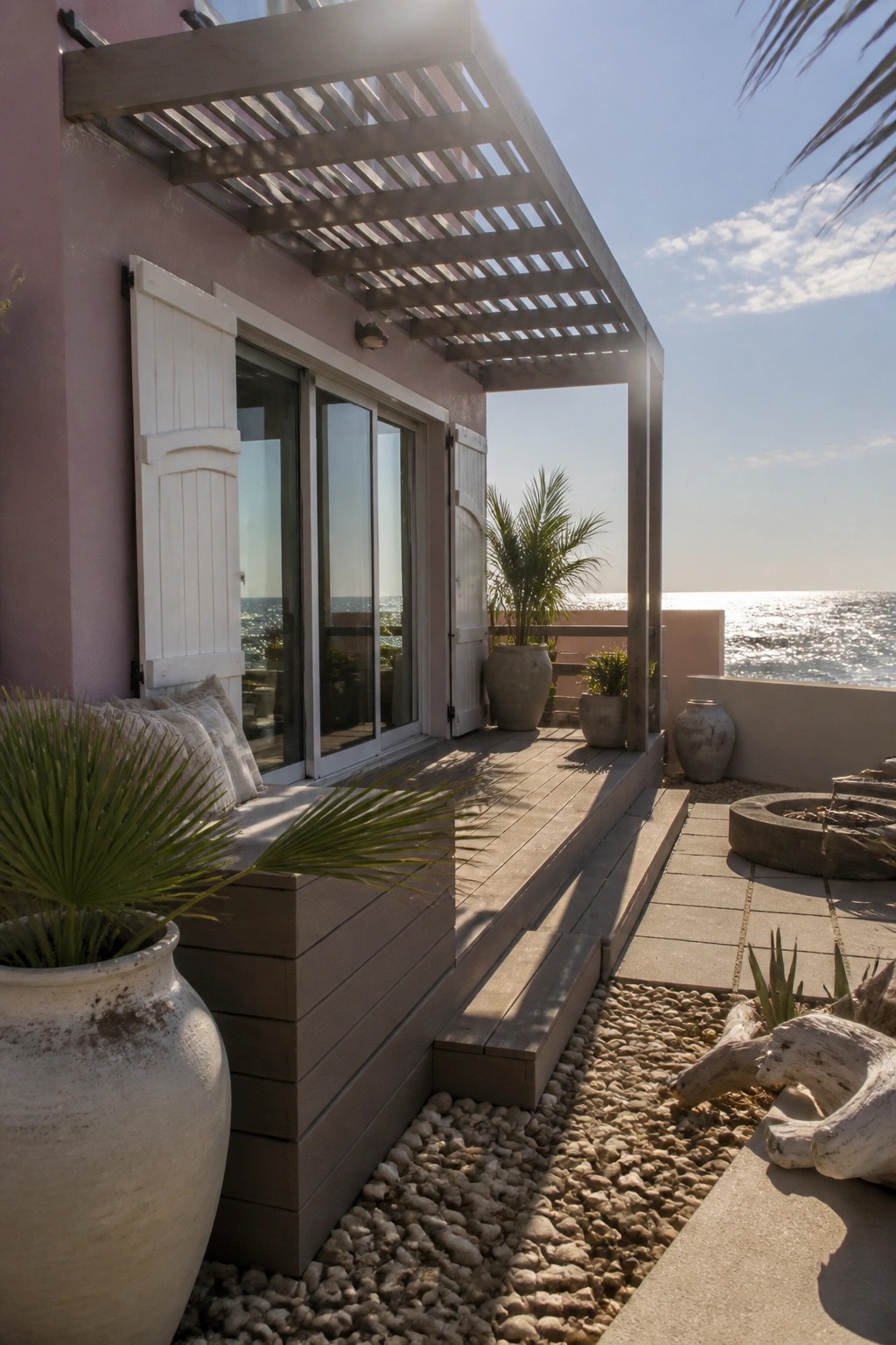 Pink beach house deck with pergola, potted palms, and ocean view.