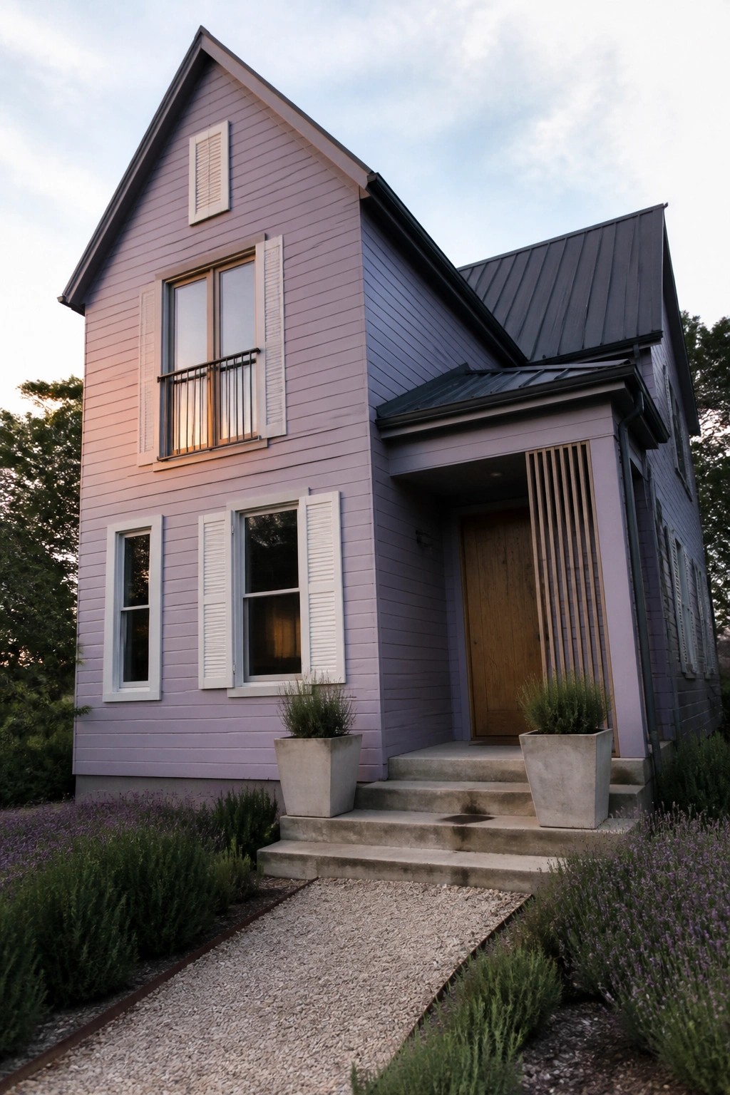 Lavender two-story house with white shutters, wooden door, concrete steps, and gravel path