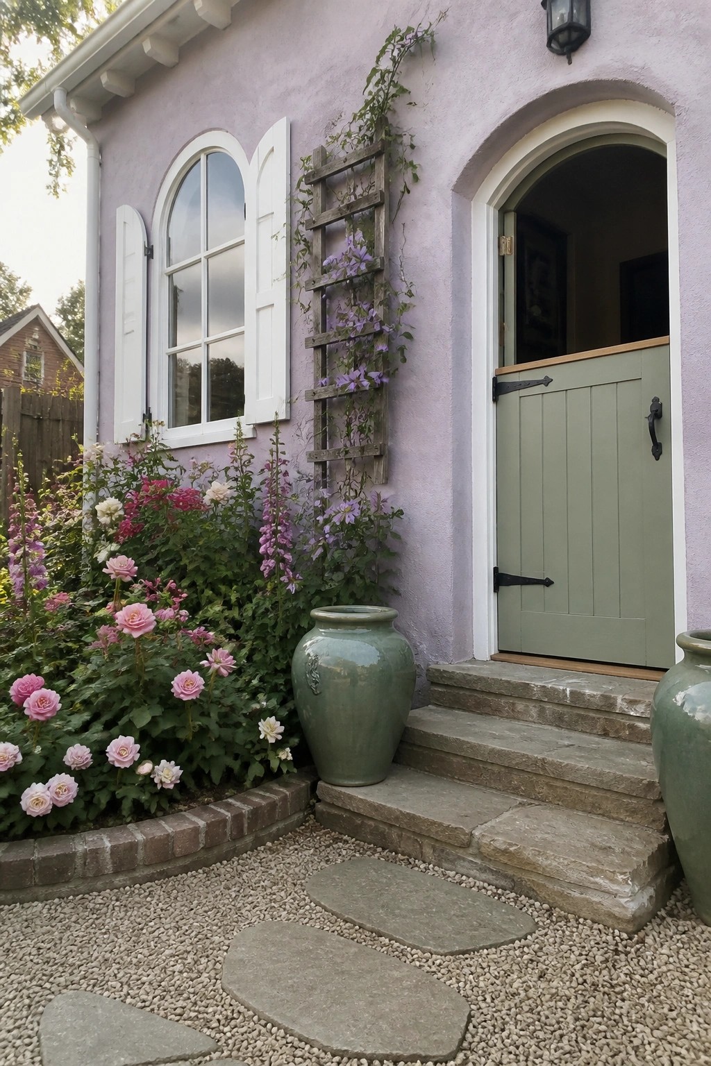 A pastel purple house exterior with white shutters on arched windows, a sage green door in an arched entry, stone steps, large green pots, and a gravel path with flowers.