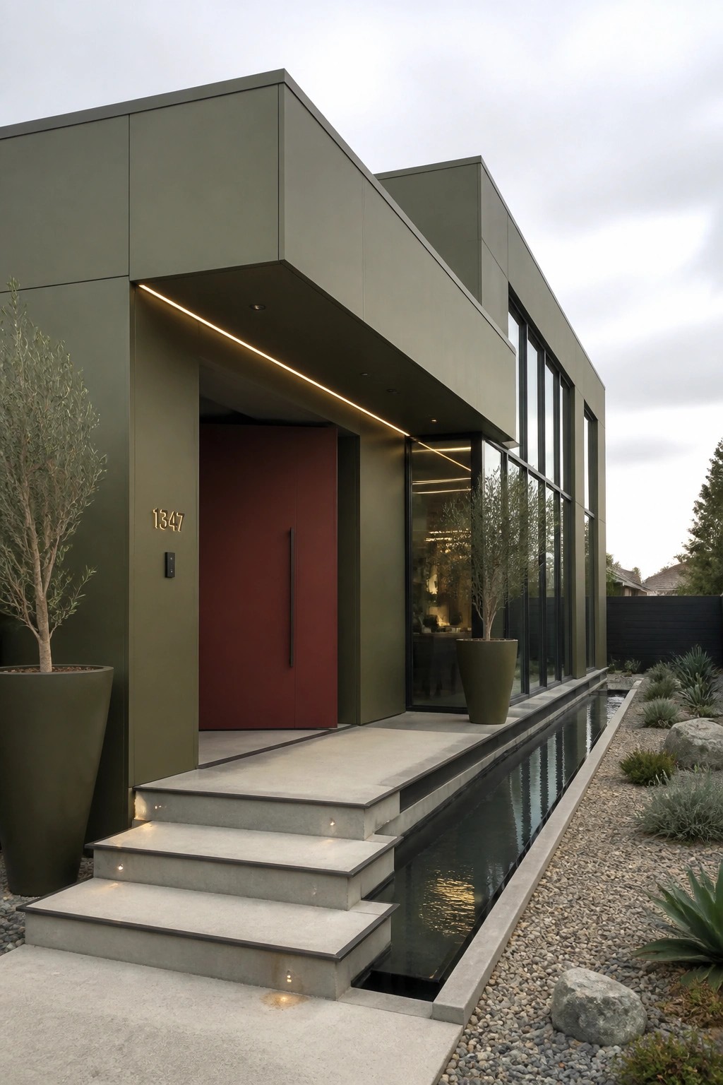 A modern house with olive green exterior panels, a maroon front door, concrete steps, and a narrow water feature running along the side.