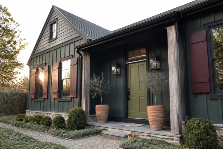 A deep green house exterior featuring maroon shutters on the windows, an olive green front door, and two large terracotta pots beside the entrance steps.