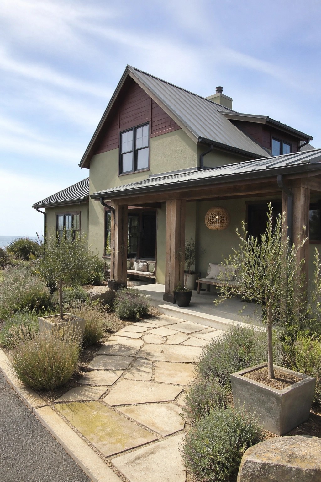 Sage green coastal home with wooden porch, stone path, potted olive trees.