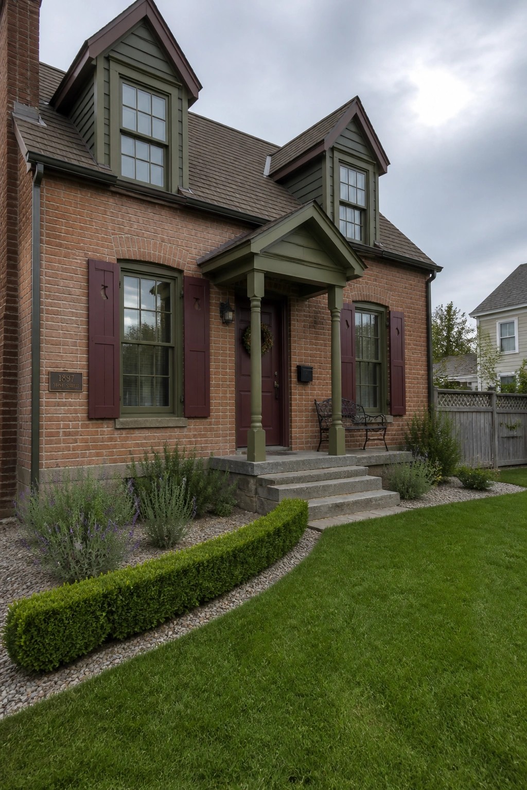 A brick house exterior with maroon shutters and door, olive green trim on the porch and dormers, and landscaping along the front.
