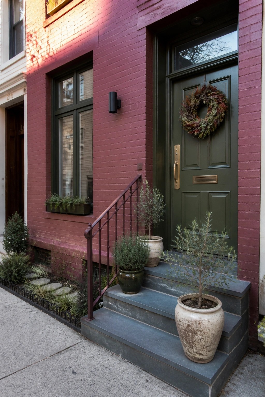 Front view of a maroon brick row house with a dark green door, wreath, black railing, and potted plants on the steps.