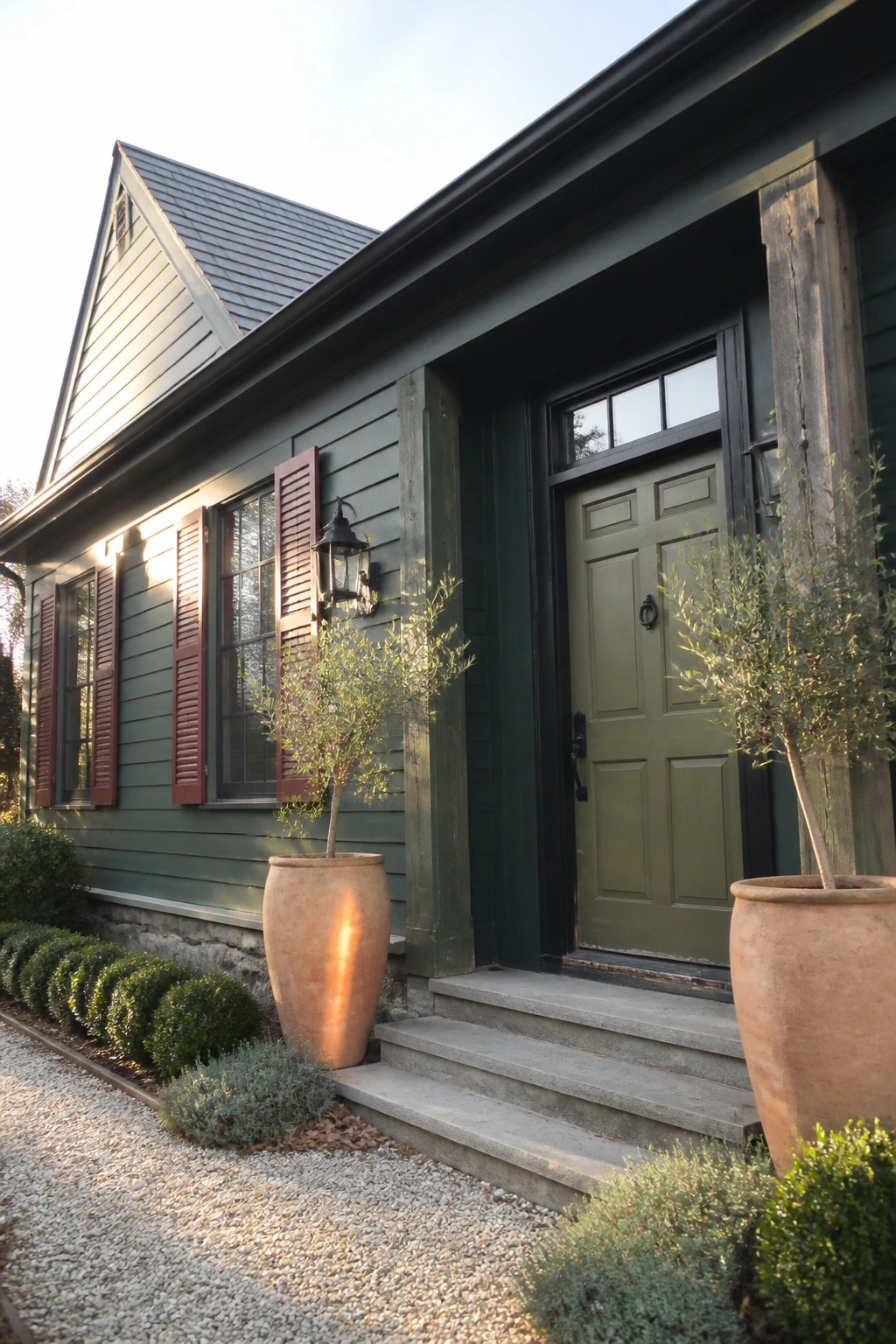 A deep green house exterior featuring maroon shutters on the windows, an olive green front door, and two large terracotta pots beside the entrance steps.