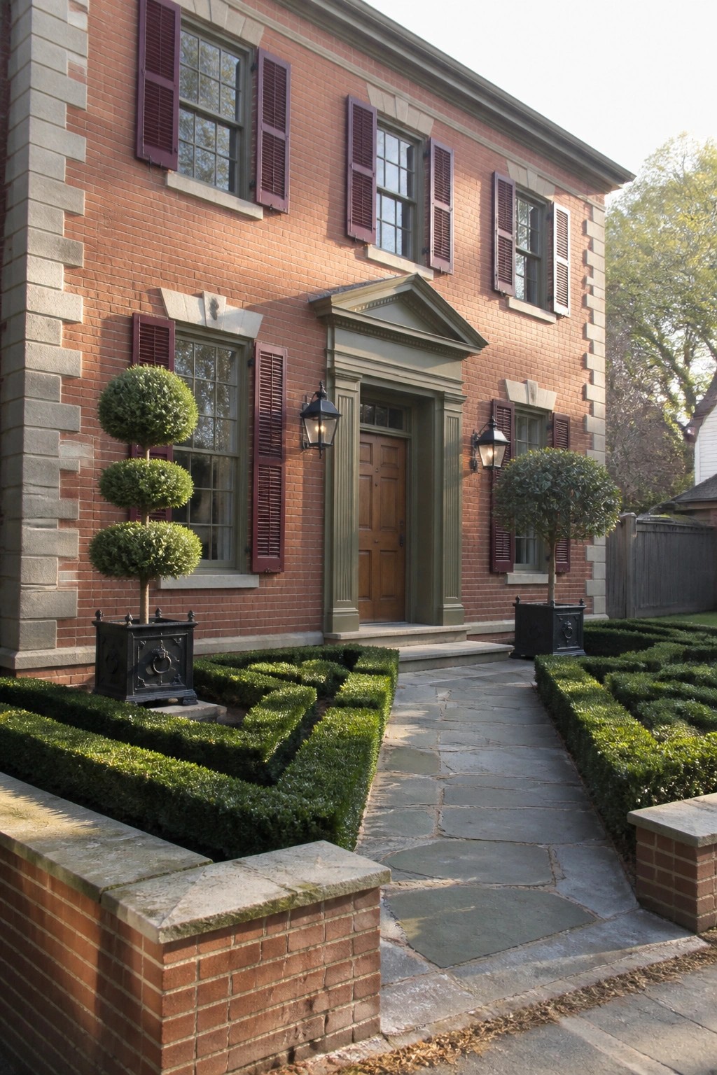 Front view of a red brick house with maroon shutters, olive green entry surround, wooden door, and boxwood hedges with topiaries along a stone walkway.