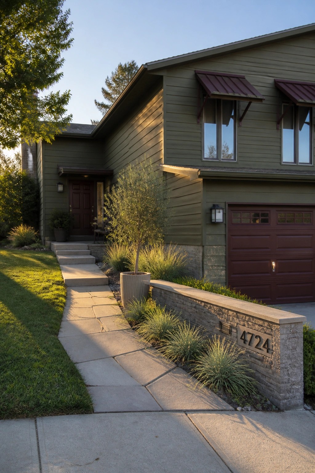 Sage green house with stone pathway, potted tree, and maroon garage door at dusk