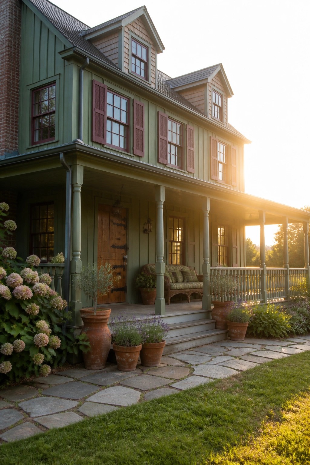 A two-story house with olive green siding, maroon shutters, a wooden front door, stone pathway, and potted plants along the porch.