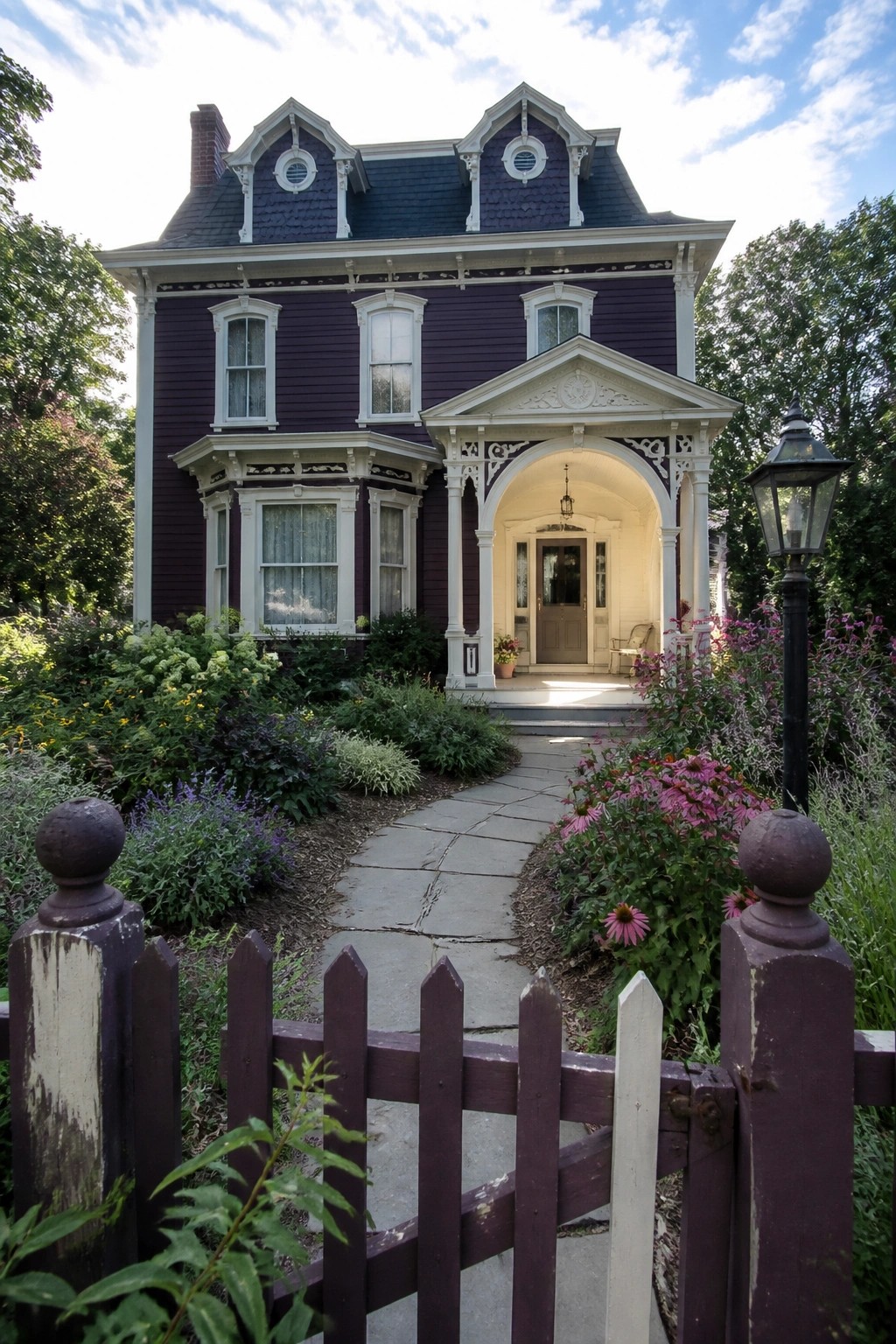 A two-story purple Victorian house with ornate white trim, an arched front porch, and a stone pathway bordered by flower beds.