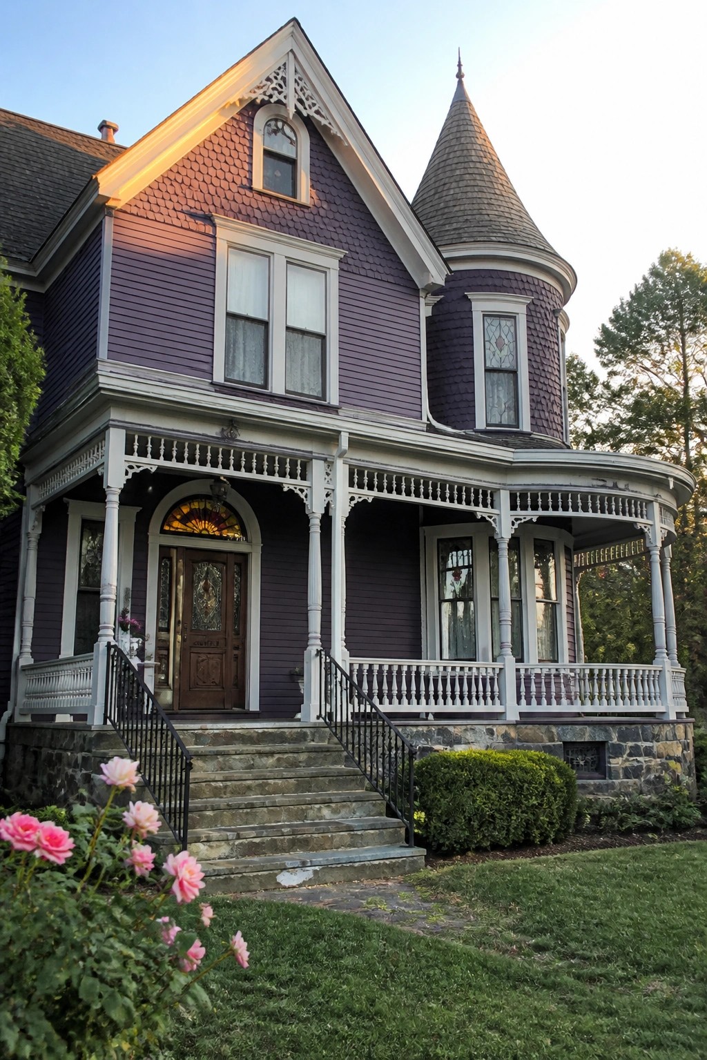 Purple Victorian house with turret, ornate white porch, stone steps, and pink roses.
