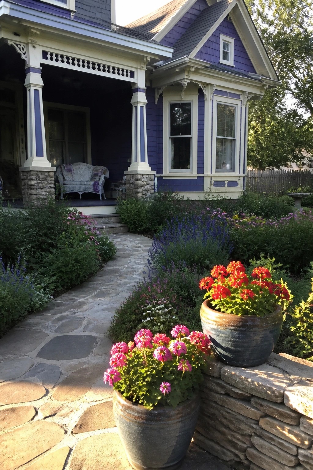 A purple Victorian house with white trim stands above a stone path bordered by potted flowers and garden beds.