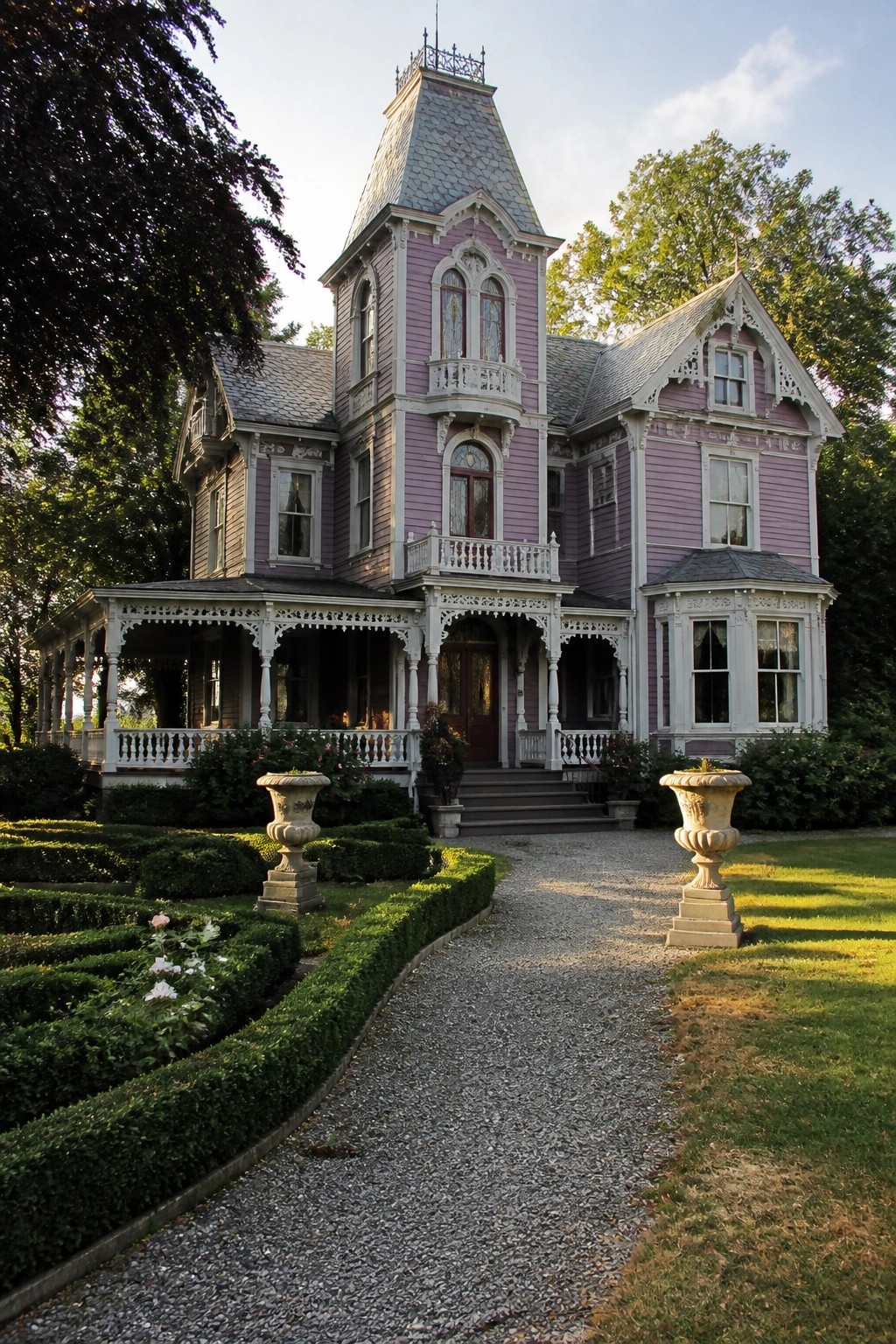 A large purple Victorian house with ornate white trim stands behind a gravel path, with two stone urns and trimmed hedges in the foreground.