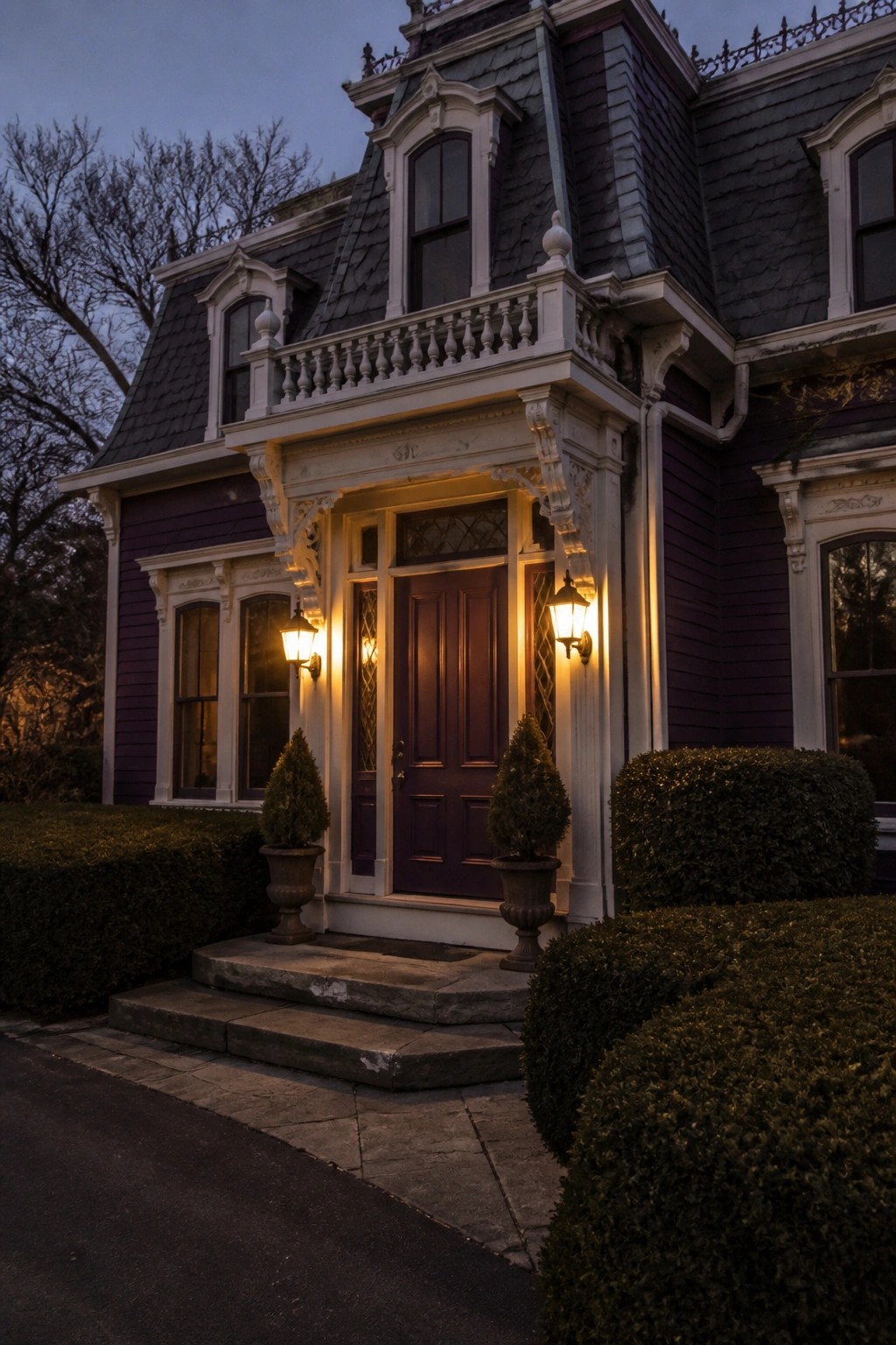 A purple Victorian house with ornate white trim, a brown front door, and two lit lanterns flanking the entrance at dusk.