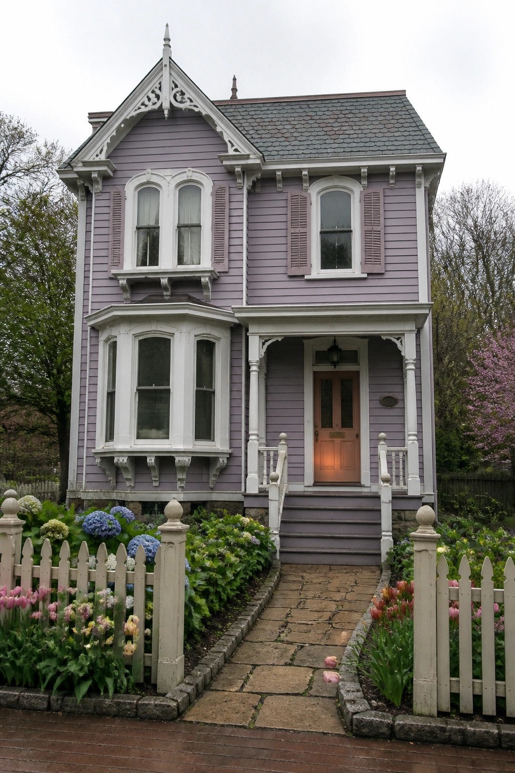 Purple Victorian house with white trim, bay window, porch and flower garden path.