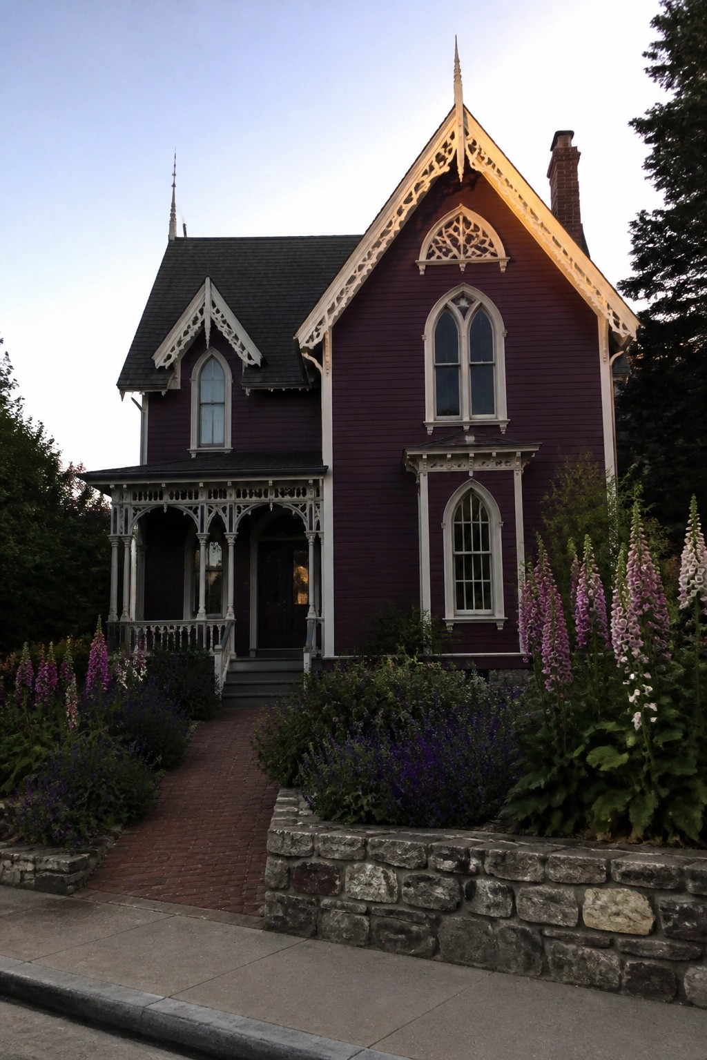 Purple Victorian house with white trim, gothic windows, porch, and blooming flower garden.