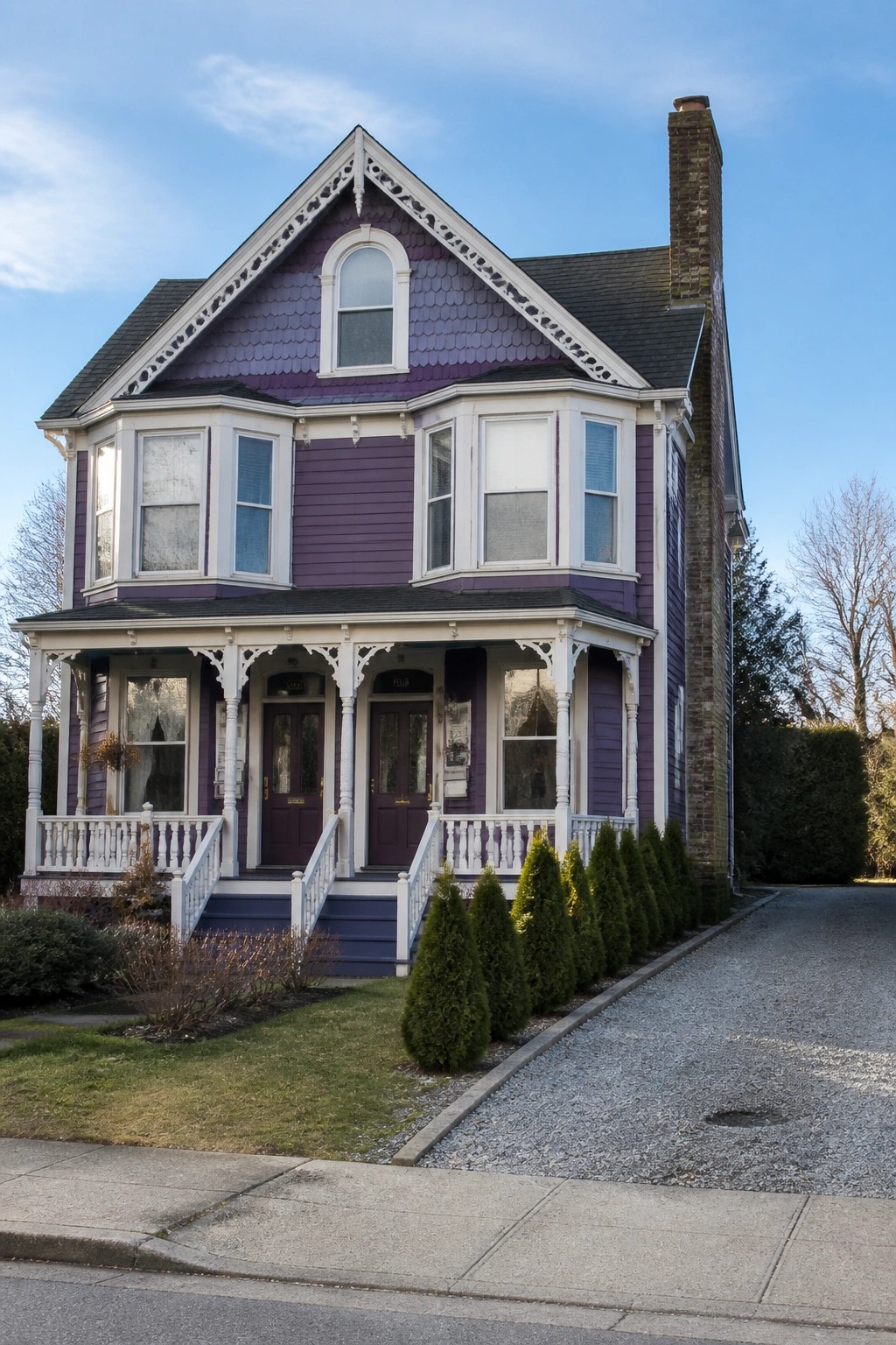 A two-story purple Victorian house with white trim, a covered front porch with steps, bay windows, and a gravel driveway alongside.