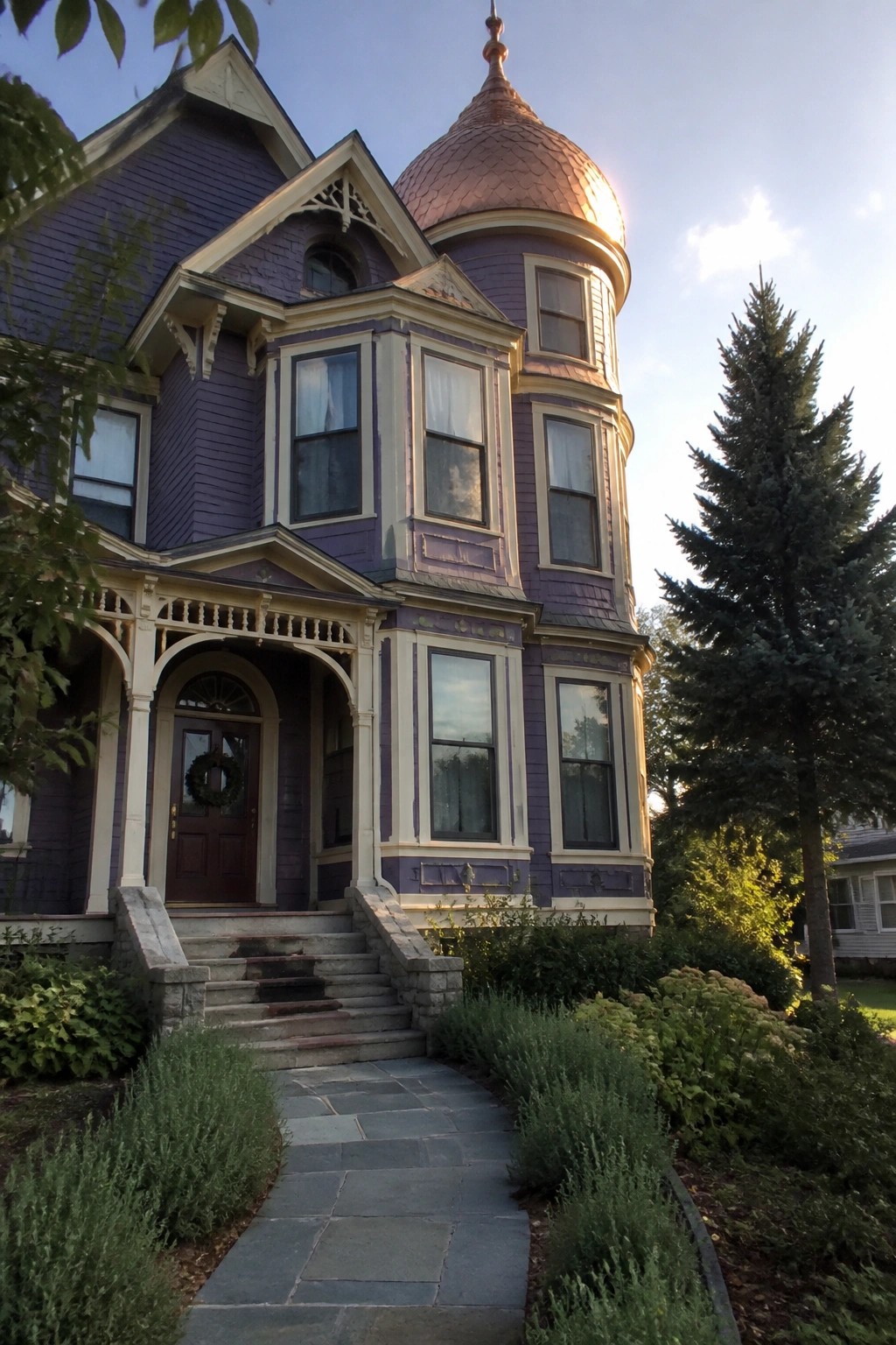 Purple Victorian house with copper turret, stone path, and lush garden