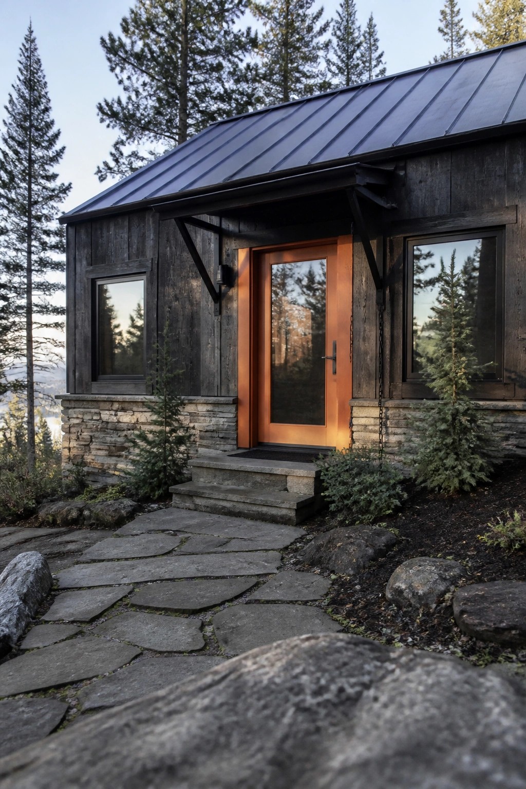Dark wooden cabin with bright orange door, stone path, and pine trees