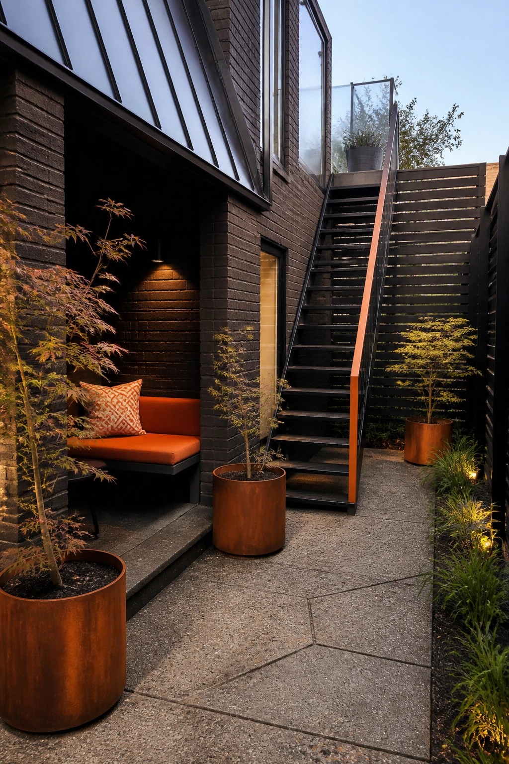 A black brick house exterior with a recessed bench holding an orange cushion, black stairs with an orange handrail, and large copper planters along a concrete path.