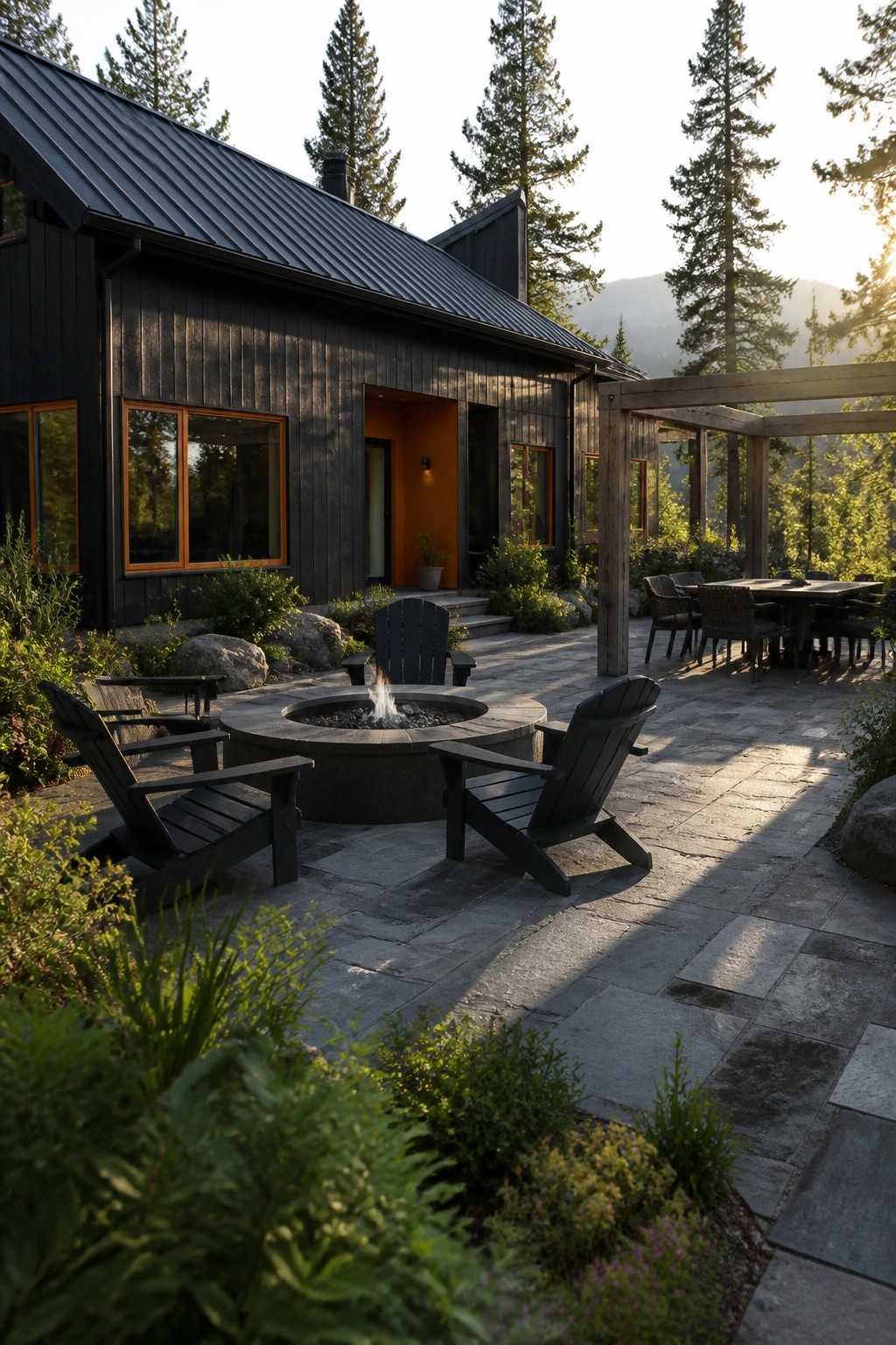 A black house with orange door and windows opens onto a large stone patio with a circular fire pit surrounded by dark Adirondack chairs and a dining table under a wooden pergola.