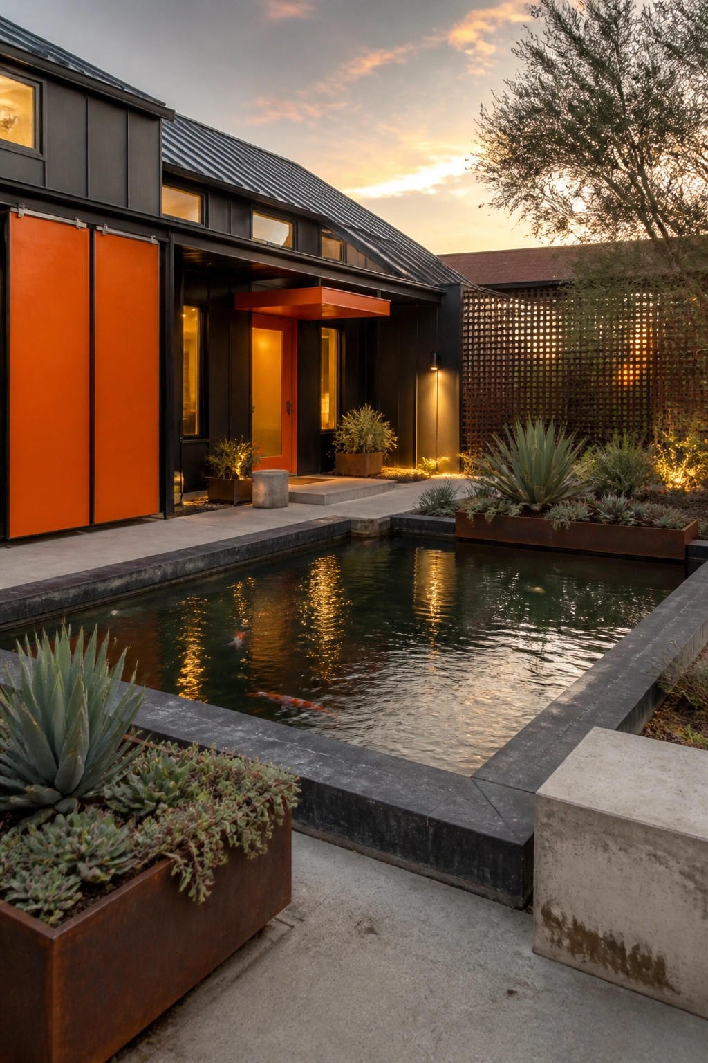 Modern black house with orange doors beside koi pond and desert plants at sunset.