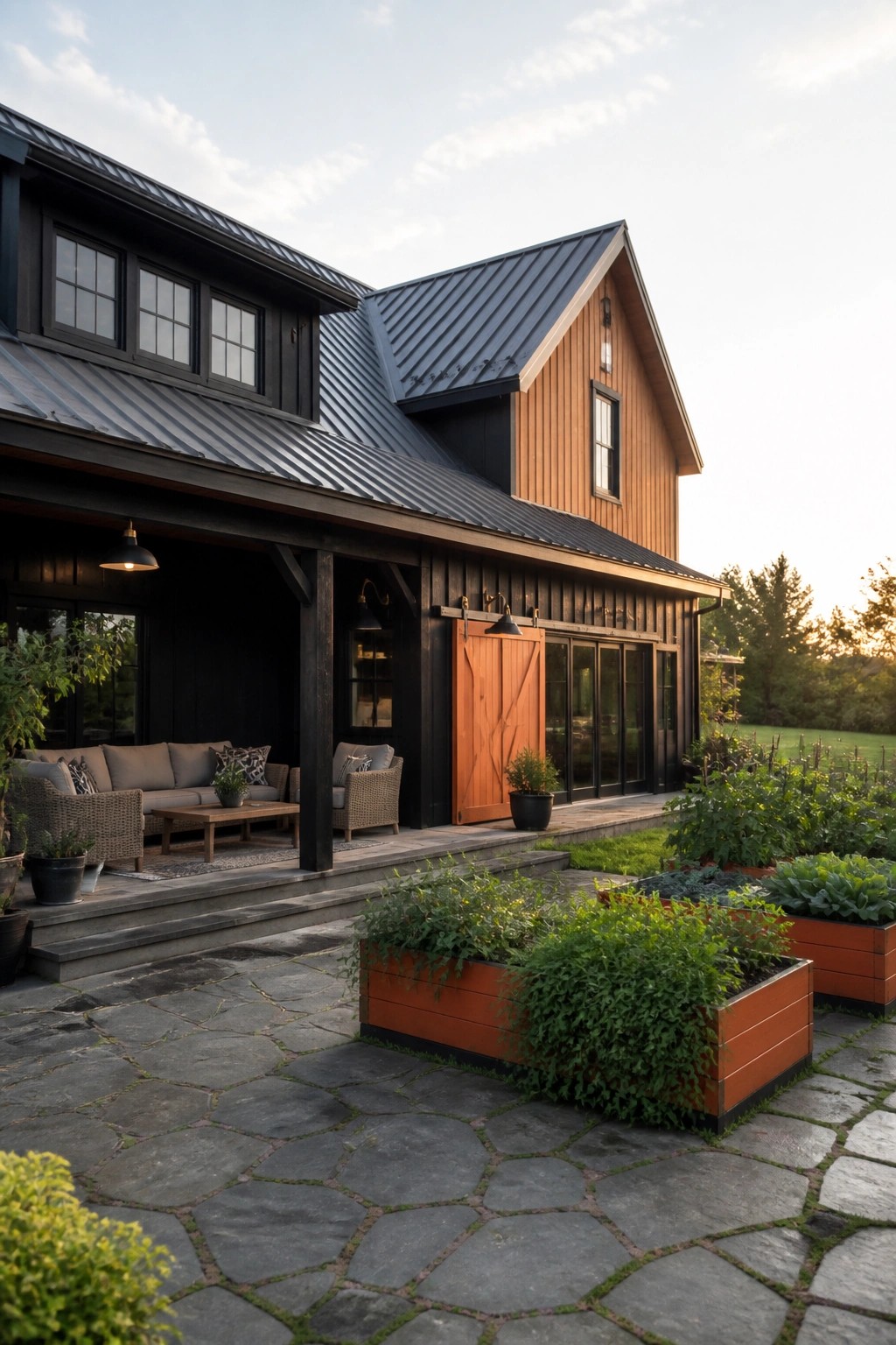 A black house exterior with orange wood siding on the gable, an orange barn door, charcoal metal roofing, and raised orange planters on a stone patio.