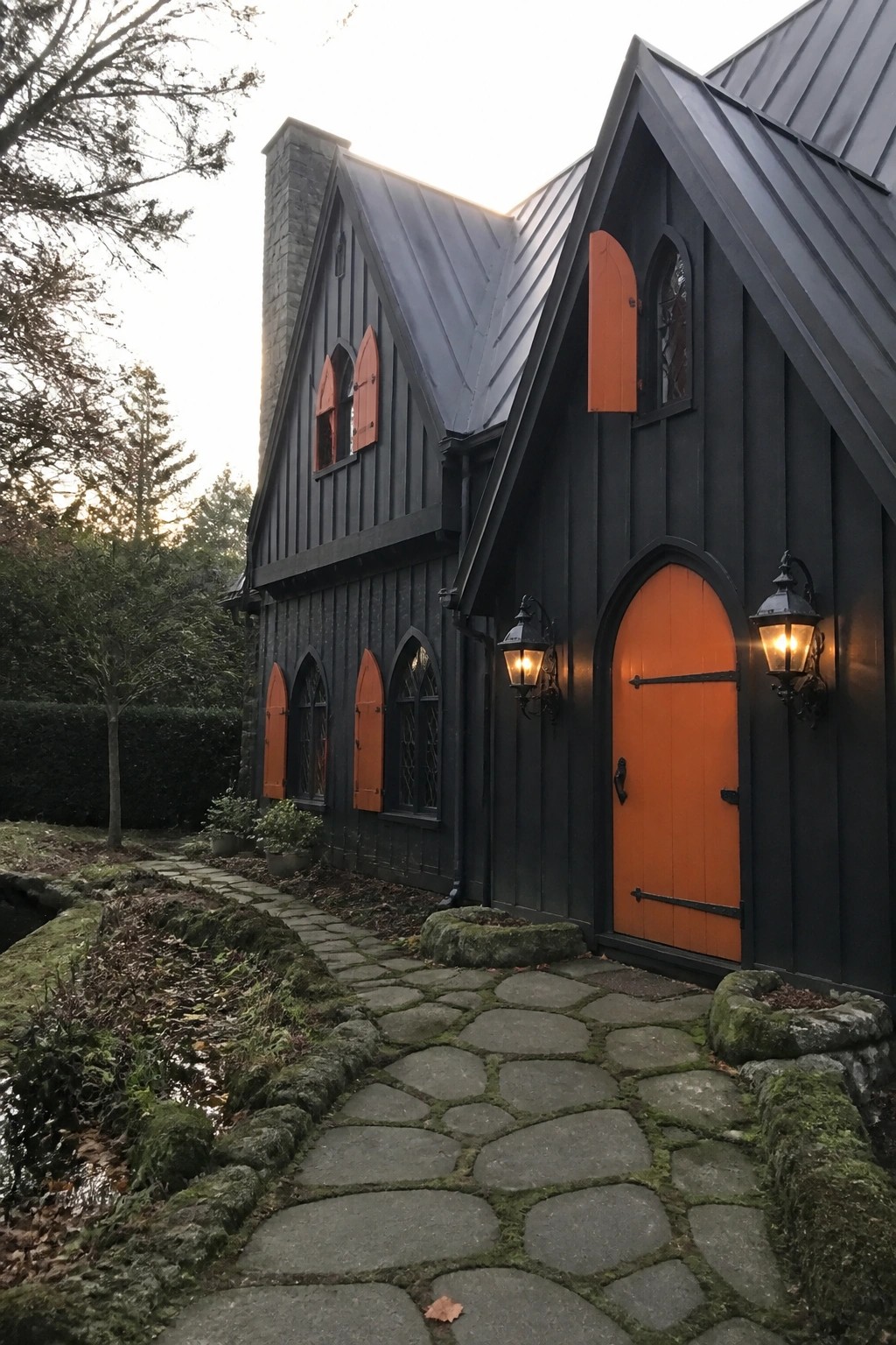 A black wooden house with orange arched doors and shutters, a dark metal roof, and a stone pathway leading to the front entrance.