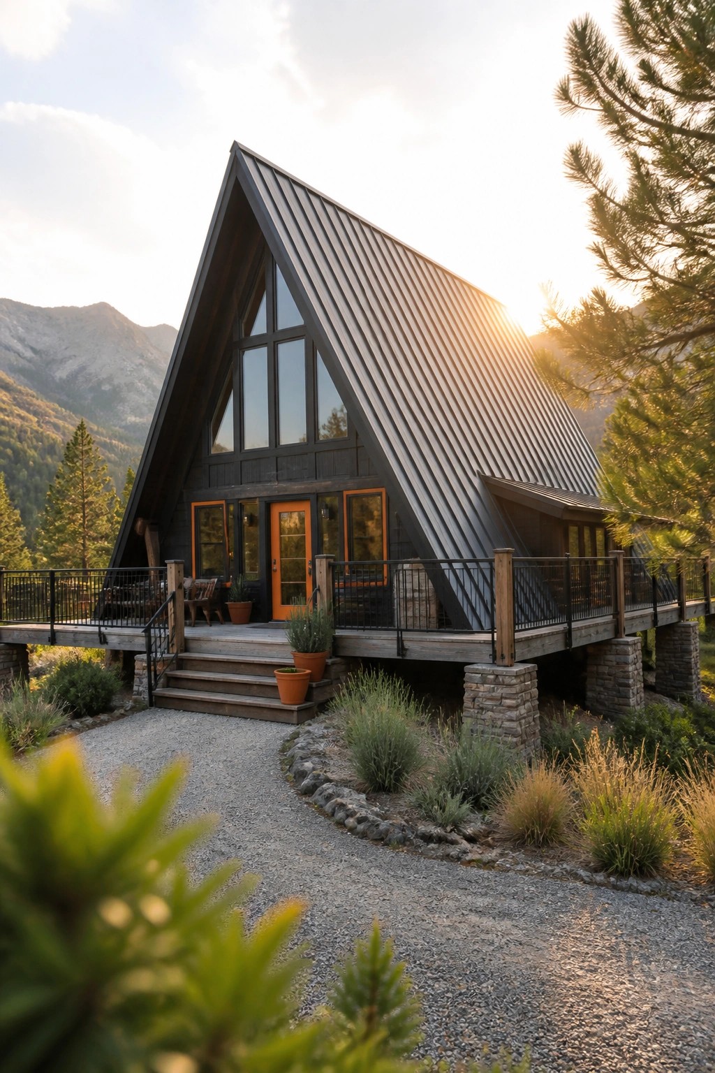 An A-frame house with black siding, a steep charcoal metal roof, and bright orange door and window frames, featuring a wooden deck with black railings.