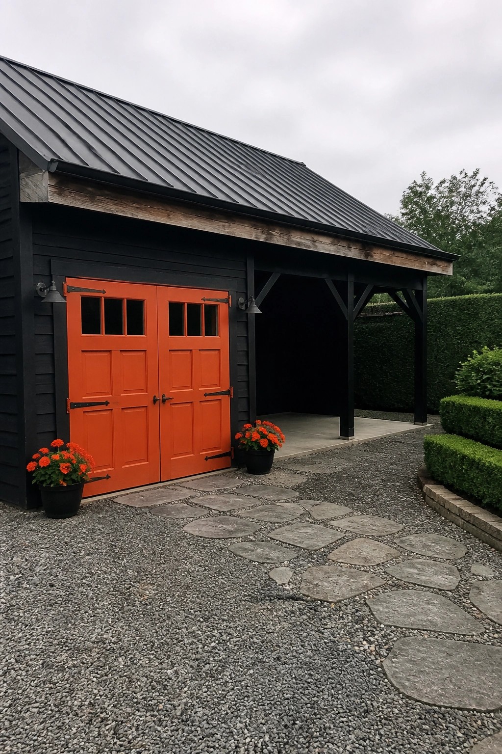 Black building with vibrant orange double doors, potted flowers, stone path, and covered overhang