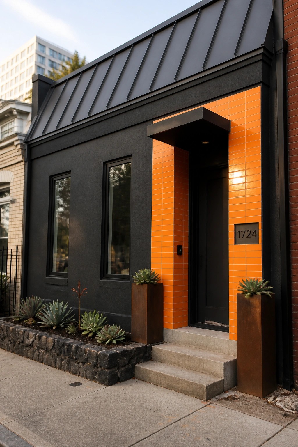 A small modern house with black exterior walls, orange tile framing the front door and entry, a dark metal roof, and two large planters beside concrete steps.