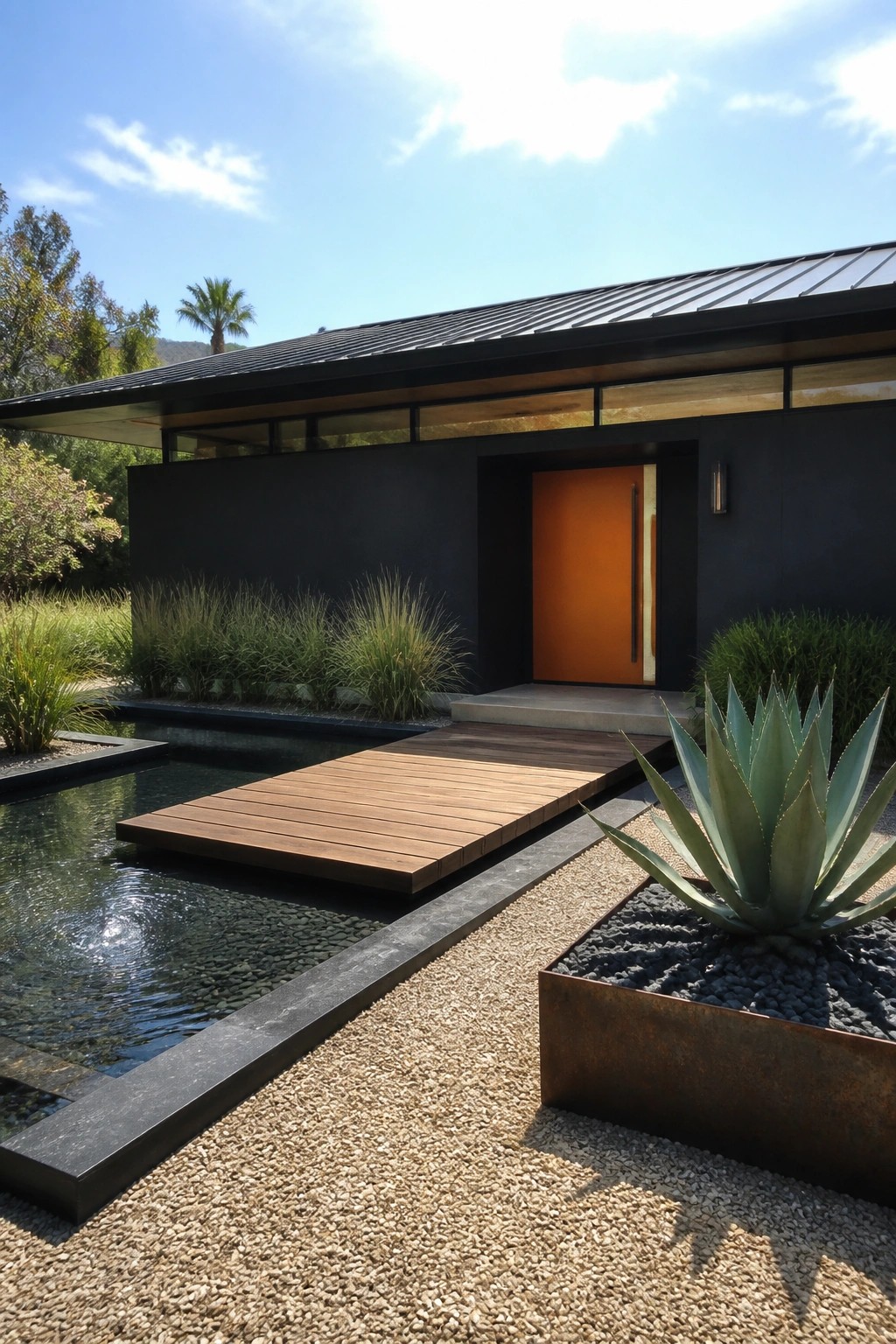 A modern single-story house with black exterior walls, an orange front door, a charcoal metal roof, and a wooden walkway crossing a small pond beside gravel landscaping.