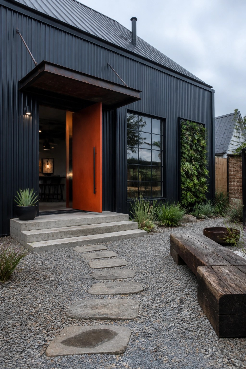 A black corrugated metal house with an orange front door, concrete steps, gravel path, and two windows.