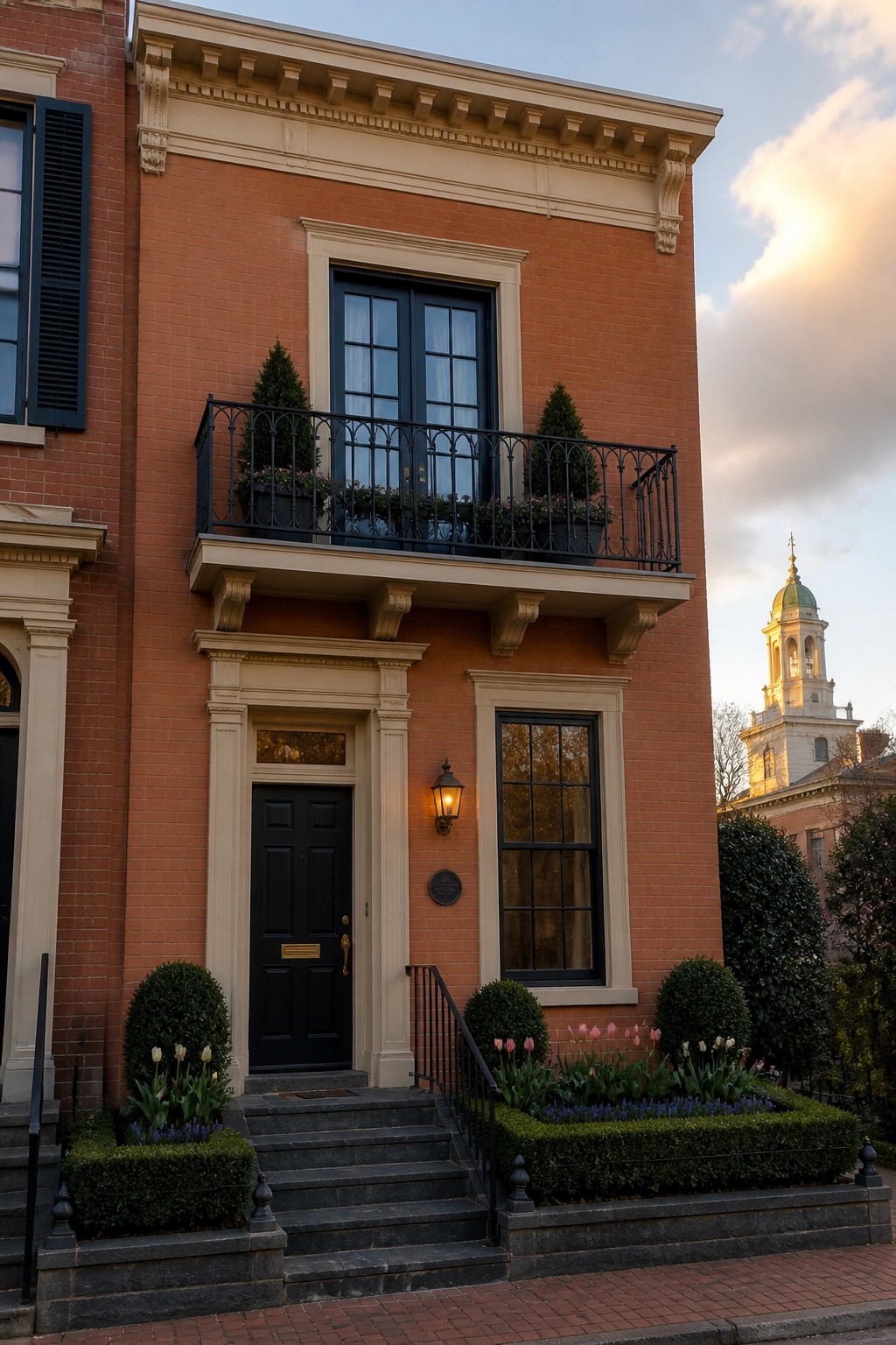 Red brick building with black door, balcony, stone steps, and domed tower behind.
