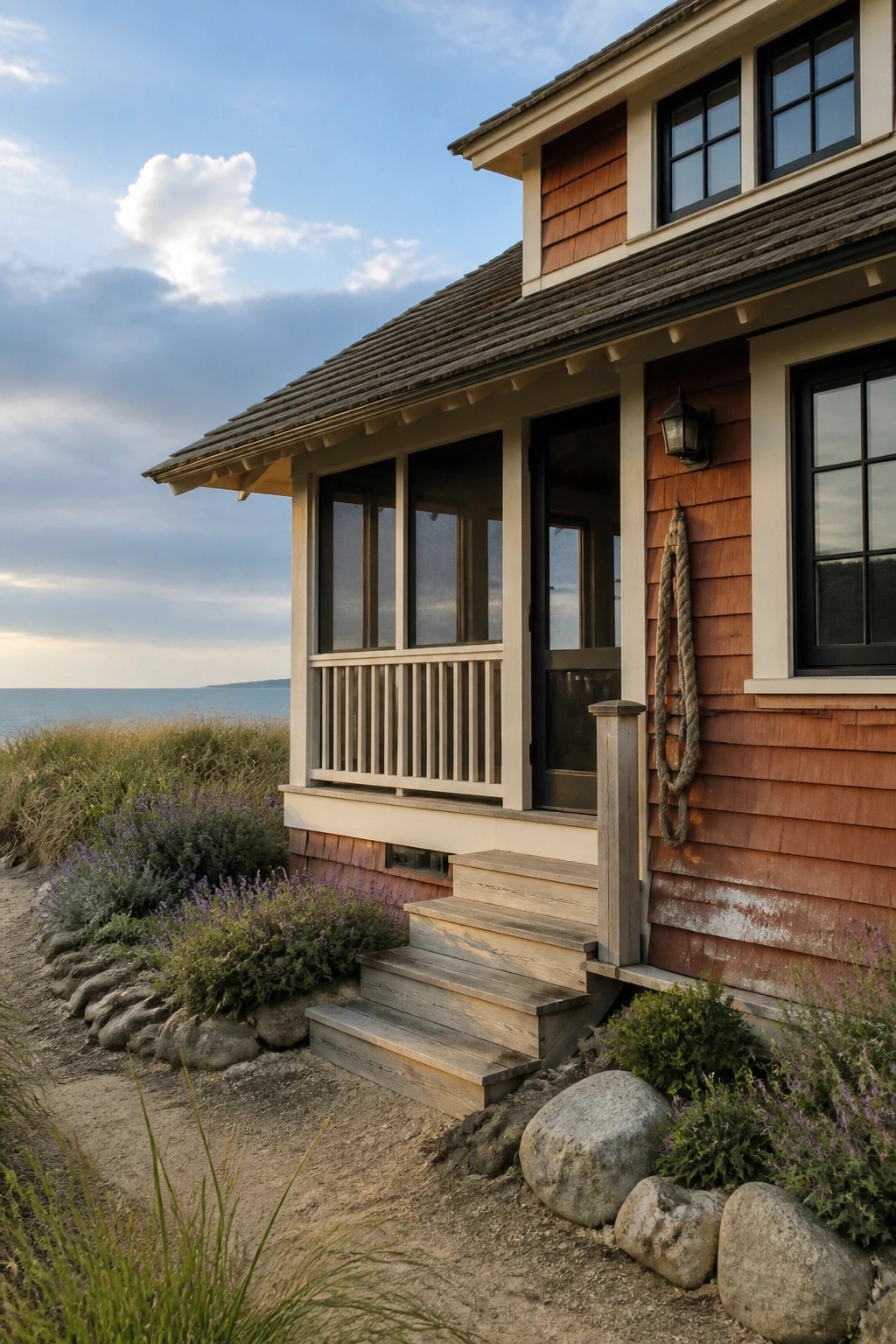 A coastal house with burnt orange wood shingles, cream trim, a screened porch, and wooden steps leading to the entrance.