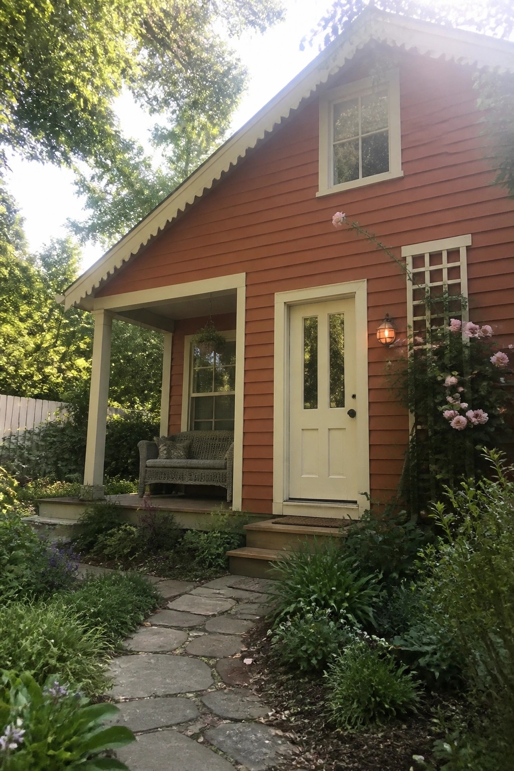 A single-story burnt orange house with cream trim, a cream front door, a covered porch with a bench, and a stone pathway in front.
