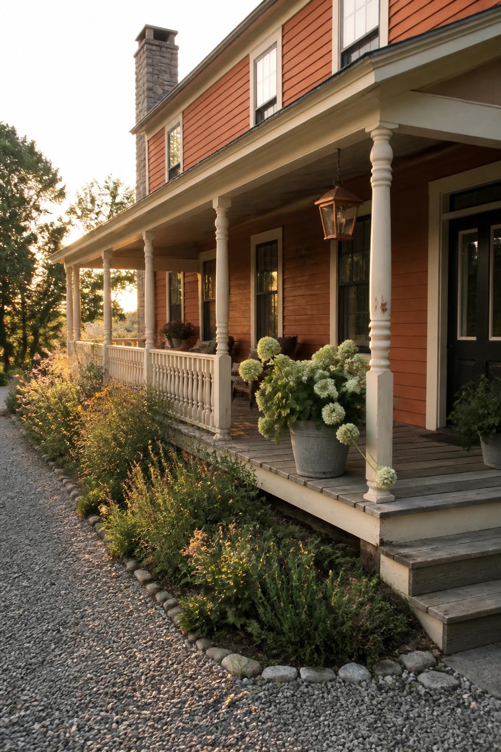 Orange house porch with white columns, potted hydrangeas, wooden steps, and gravel path.