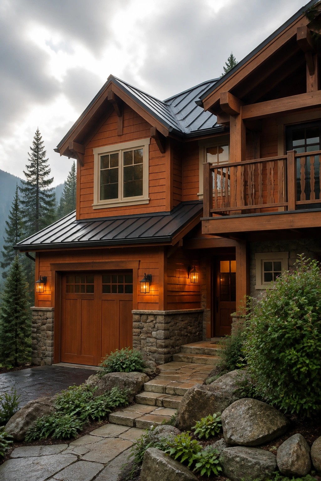 Rustic wooden house with stone foundation, garage, balcony, lit lanterns, and rocky path