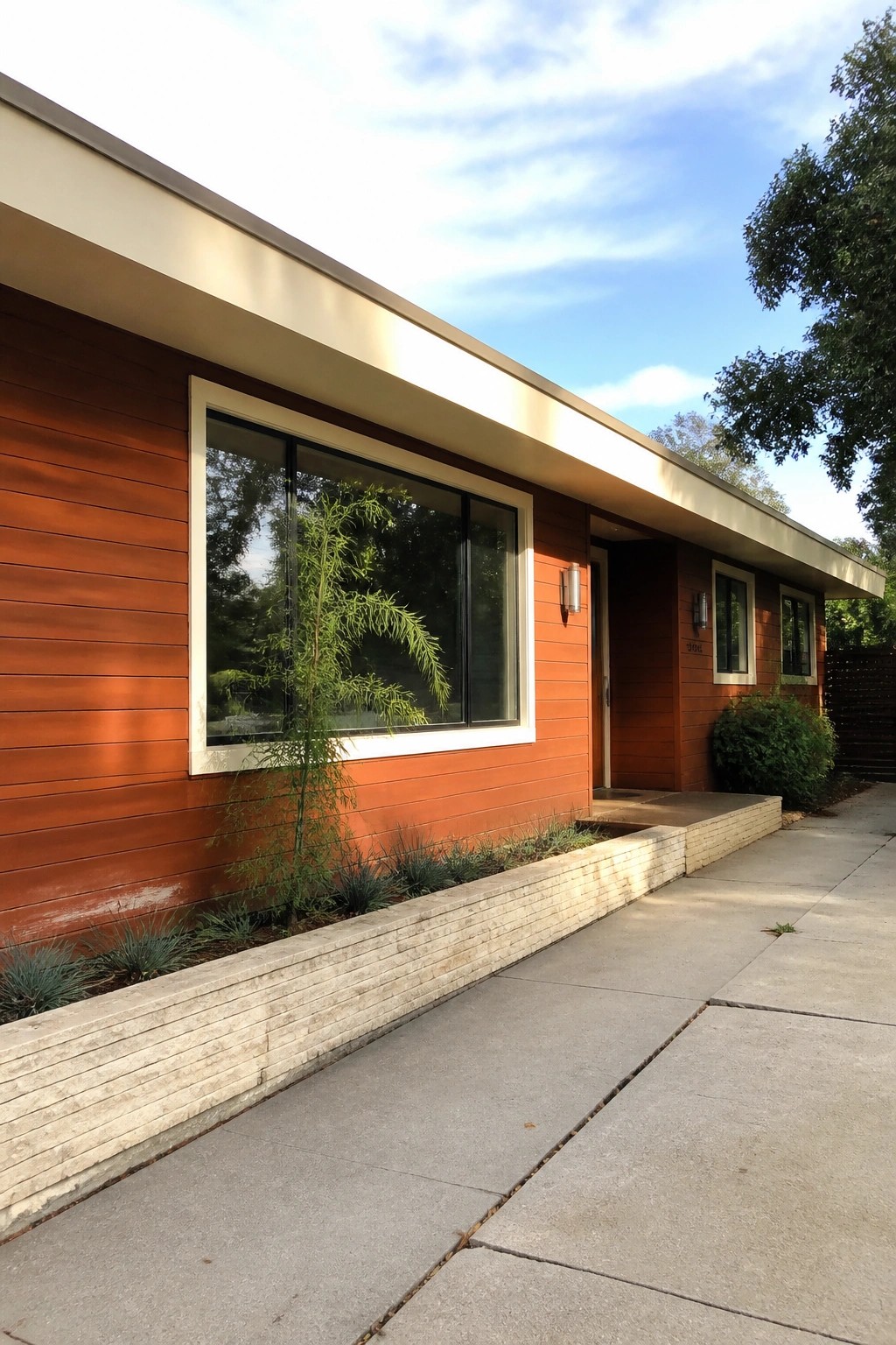 A single-story modern house with burnt orange horizontal wood siding, cream window frames, a light overhang, and a low stone planter along the front sidewalk.
