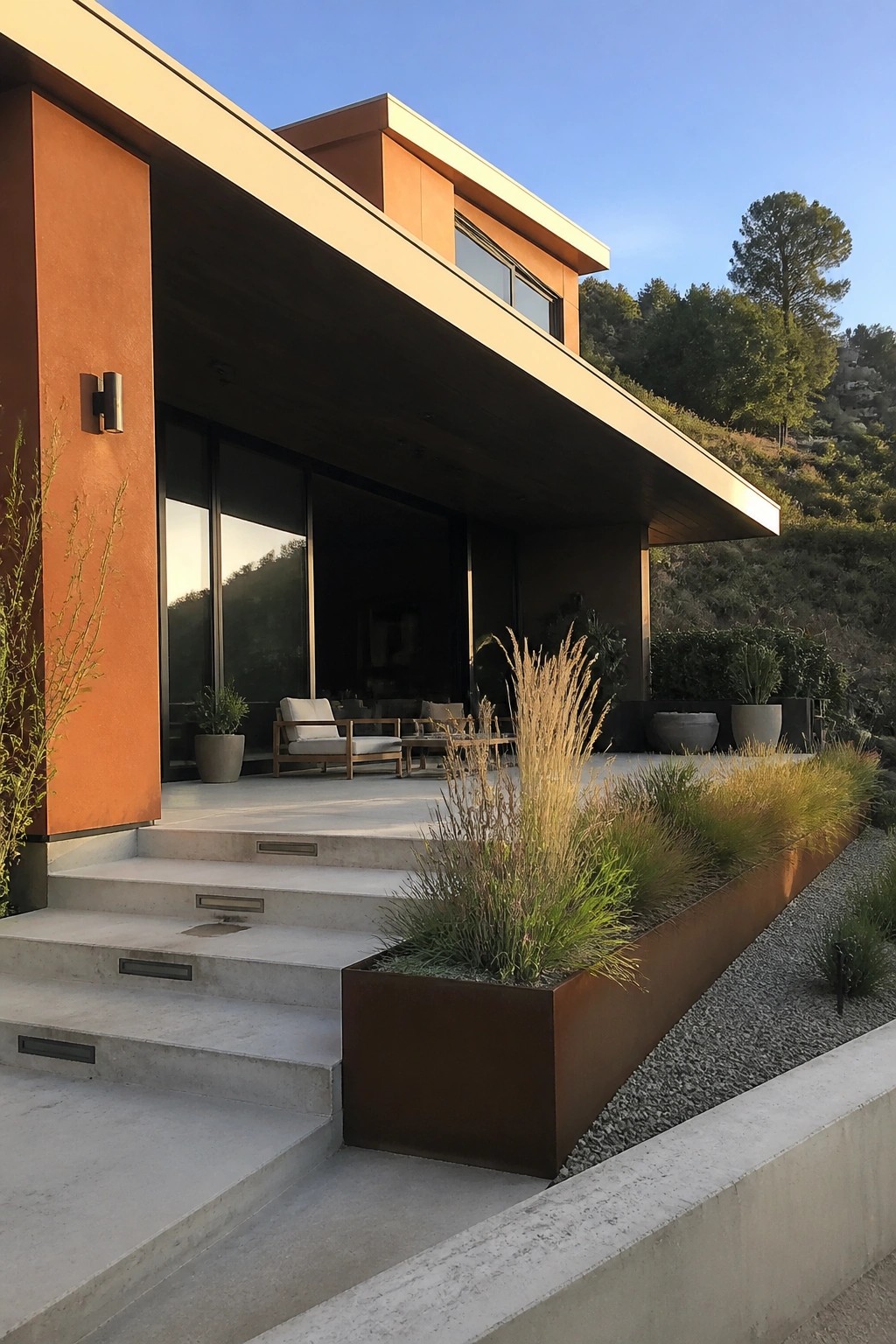 Modern orange house with glass windows, patio seating, concrete steps, and steel grass planter.