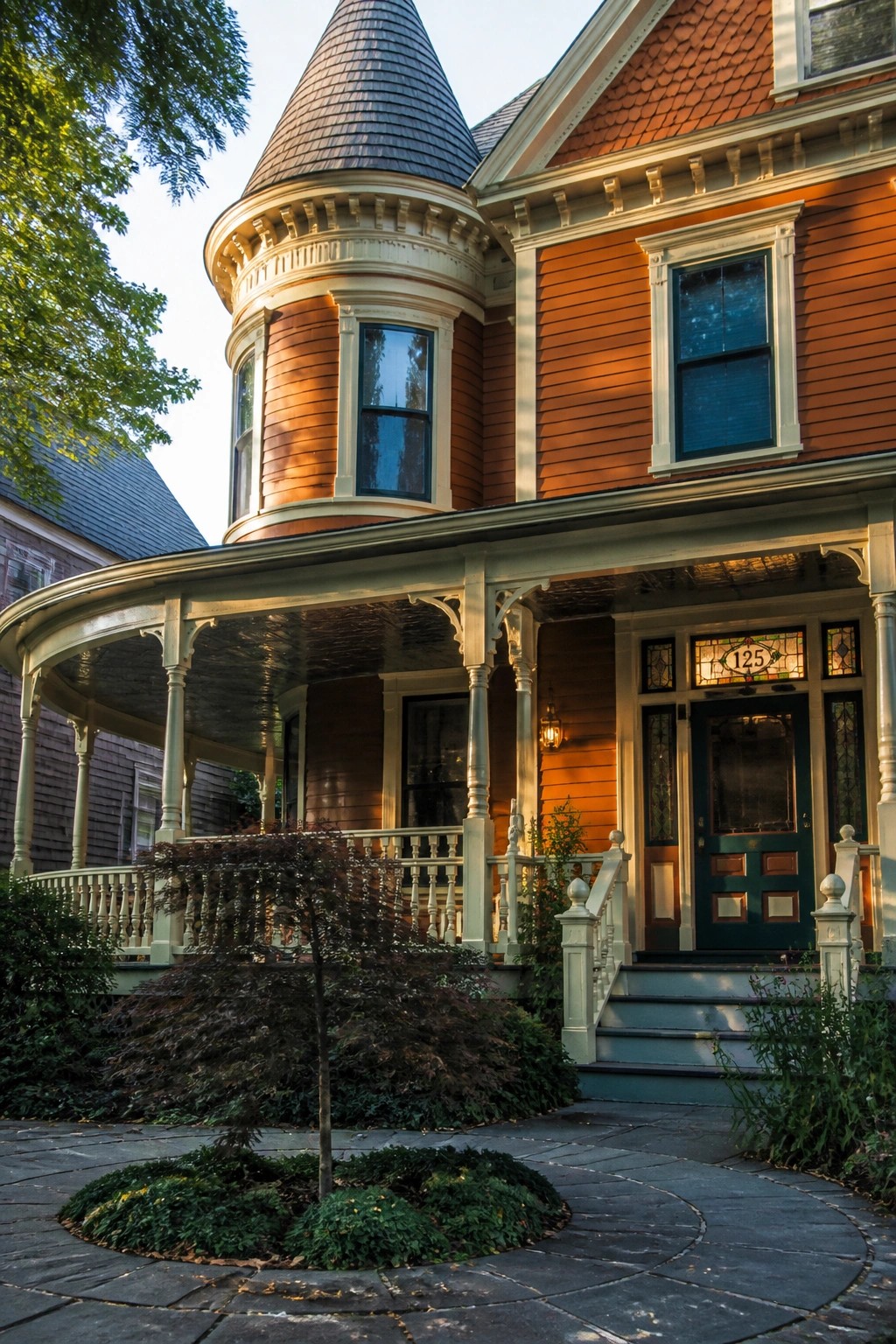A two-story burnt orange house with cream trim, a conical turret, wraparound porch, and stone pathway leading to the front steps.