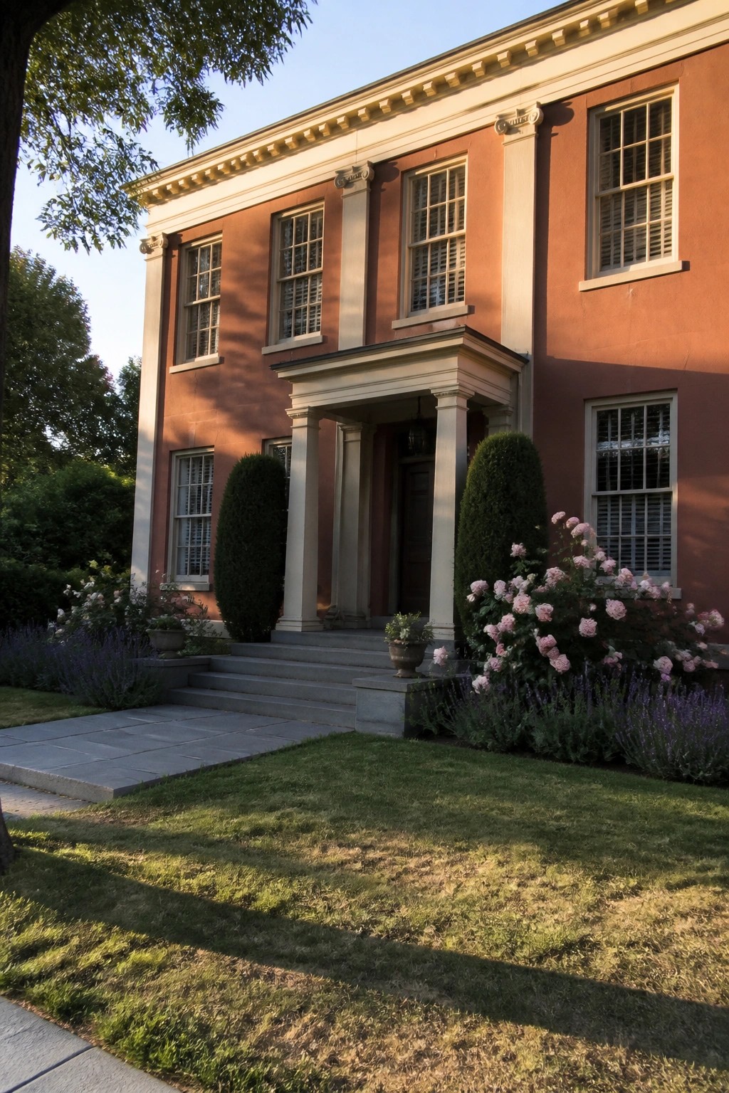 A two-story house with burnt orange walls, cream trim, and a columned front portico.
