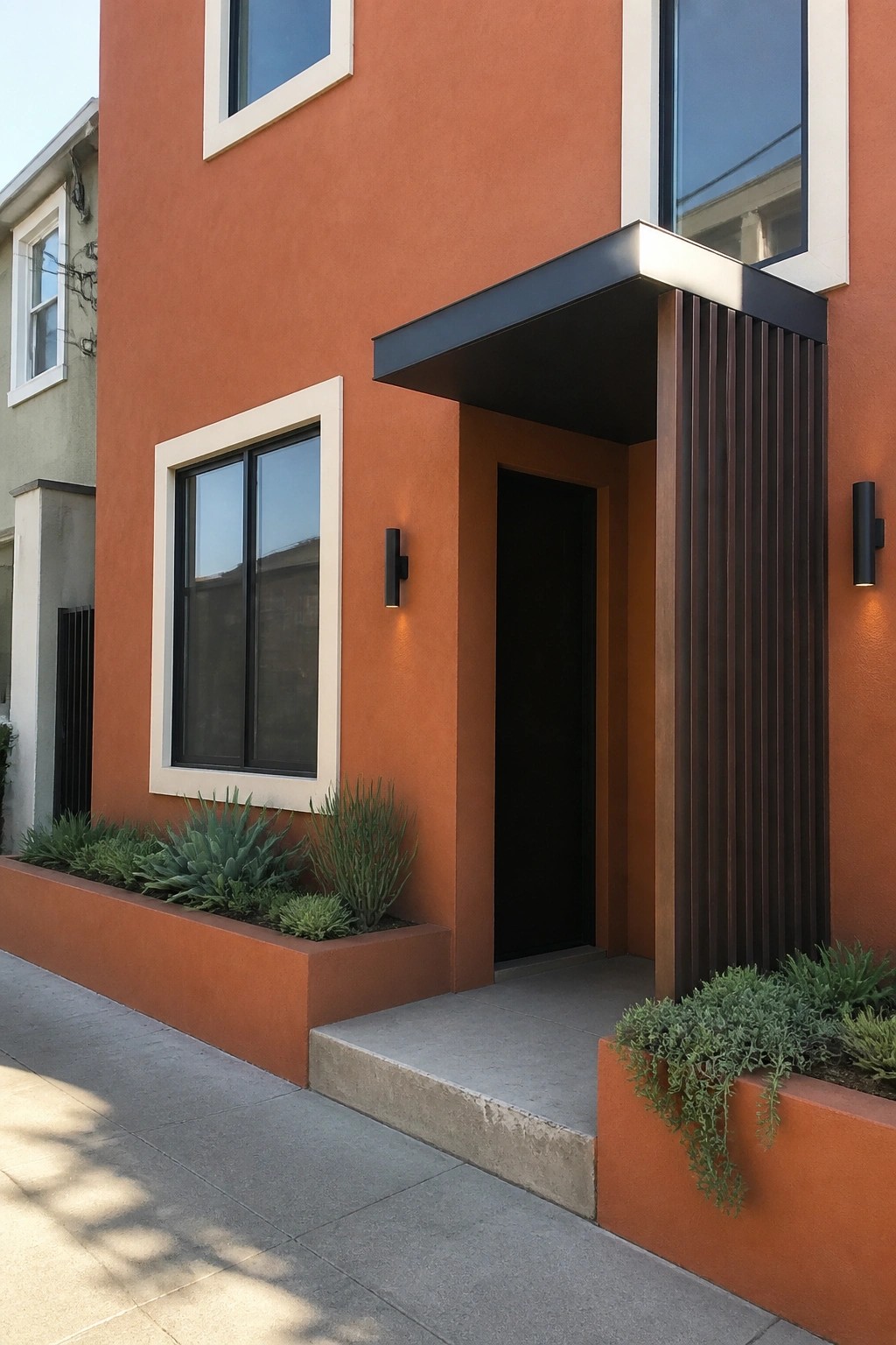 Modern orange stucco entrance with black door, white-framed window, and succulent planters
